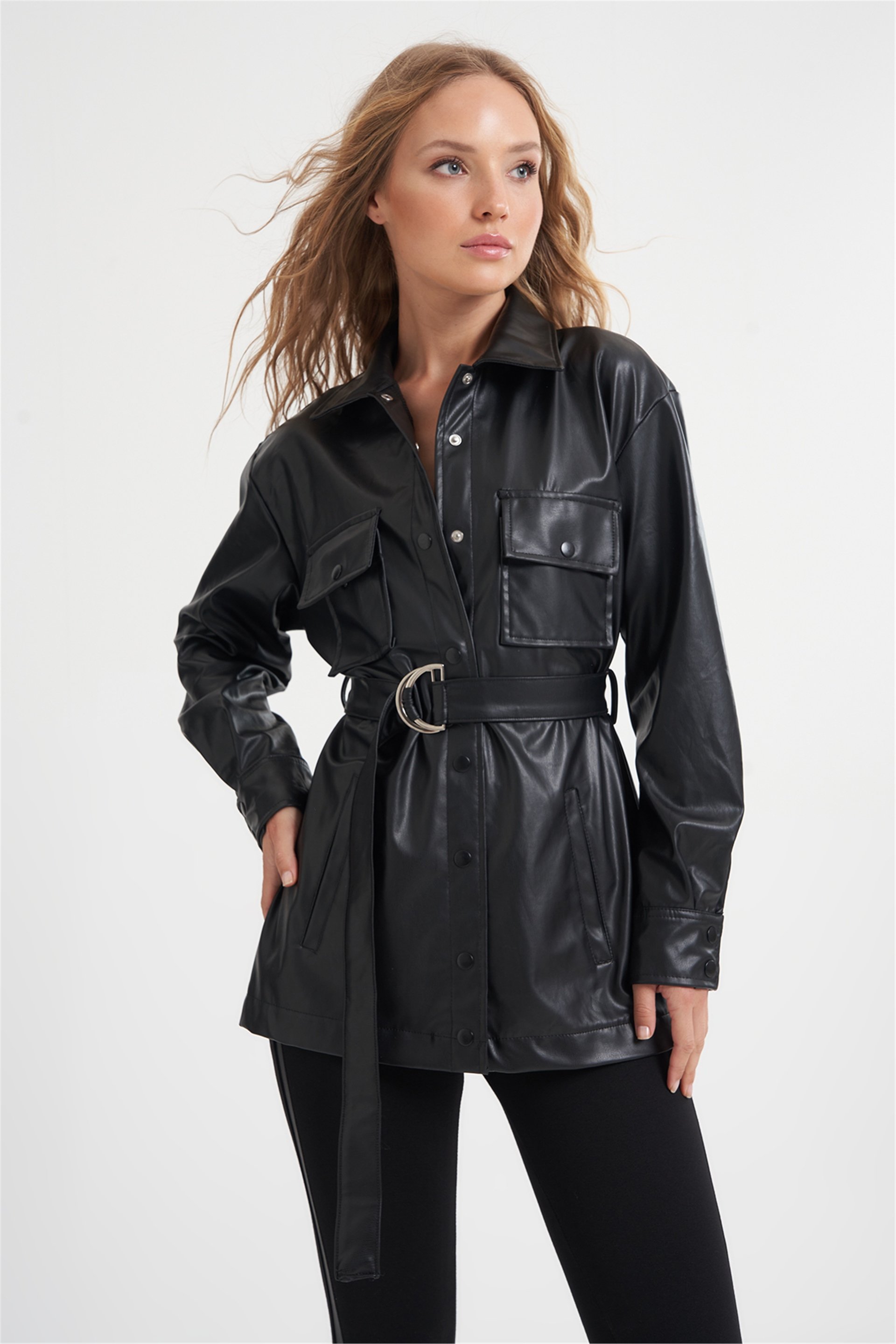 Kemerli Suni Deri Ceket