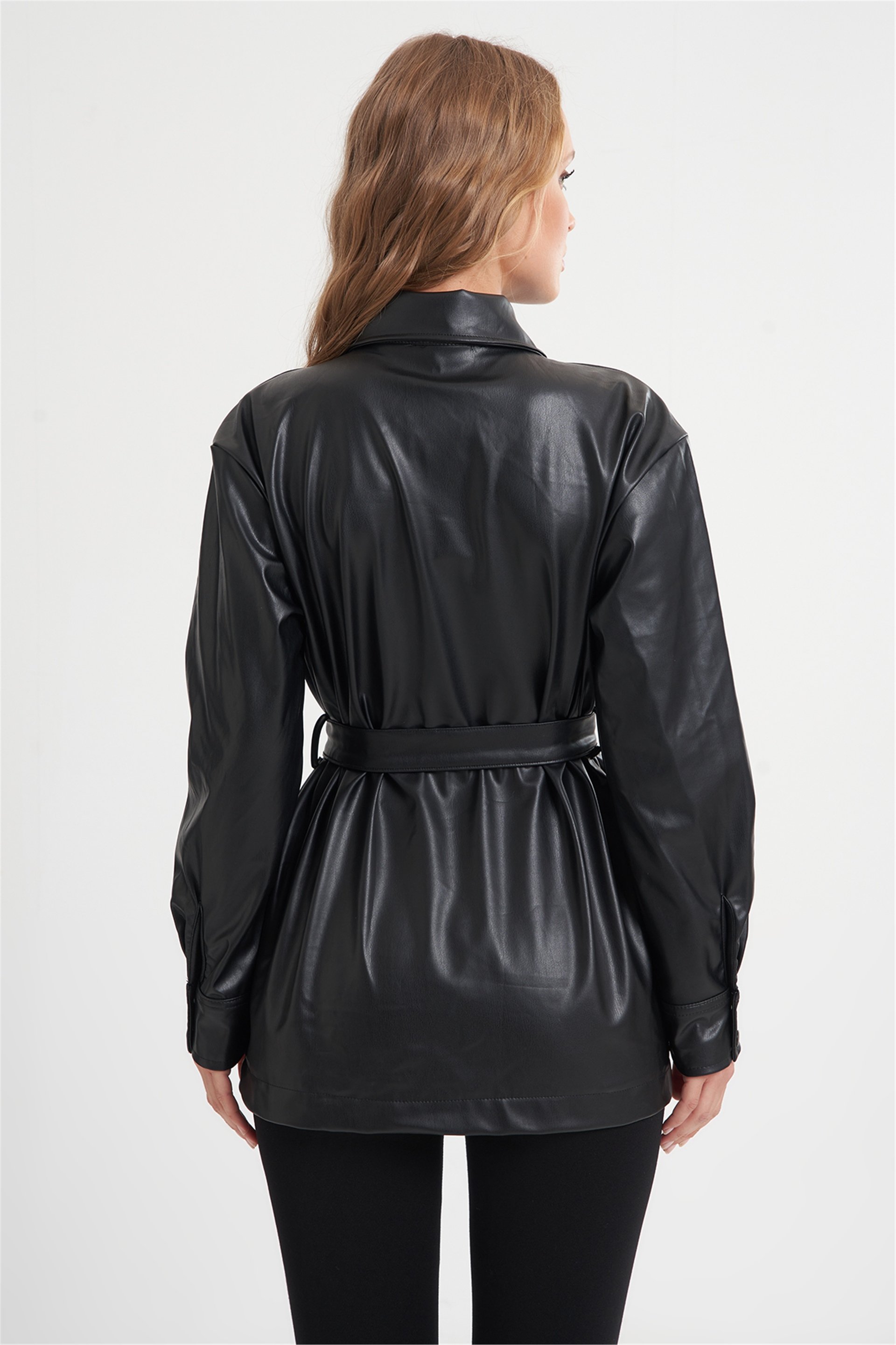 Kemerli Suni Deri Ceket