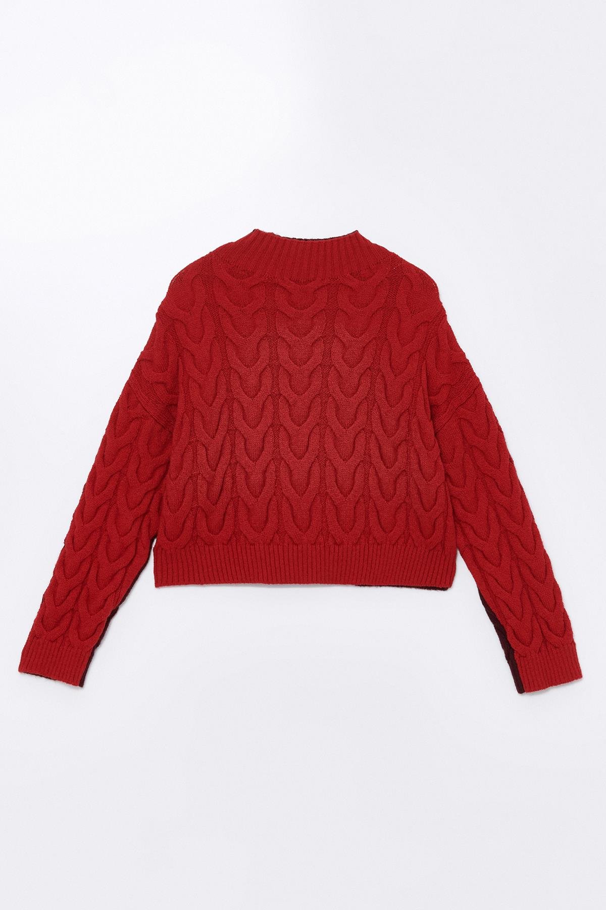 Kırmızı-Bordo Saç Örgülü Dik Yakalı Çift Taraflı Giyilebilir Kazak