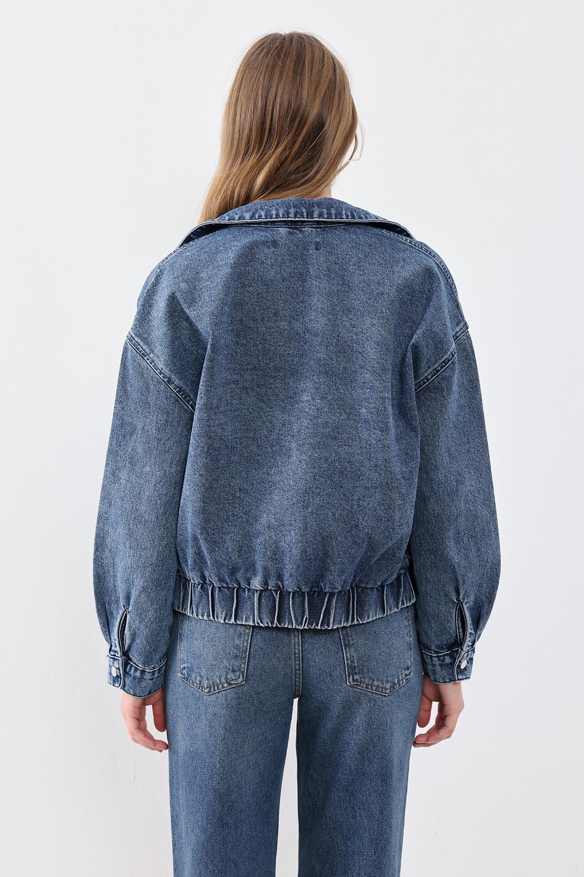 Koyu Mavi Cep Detaylı Denim Bomber Ceket