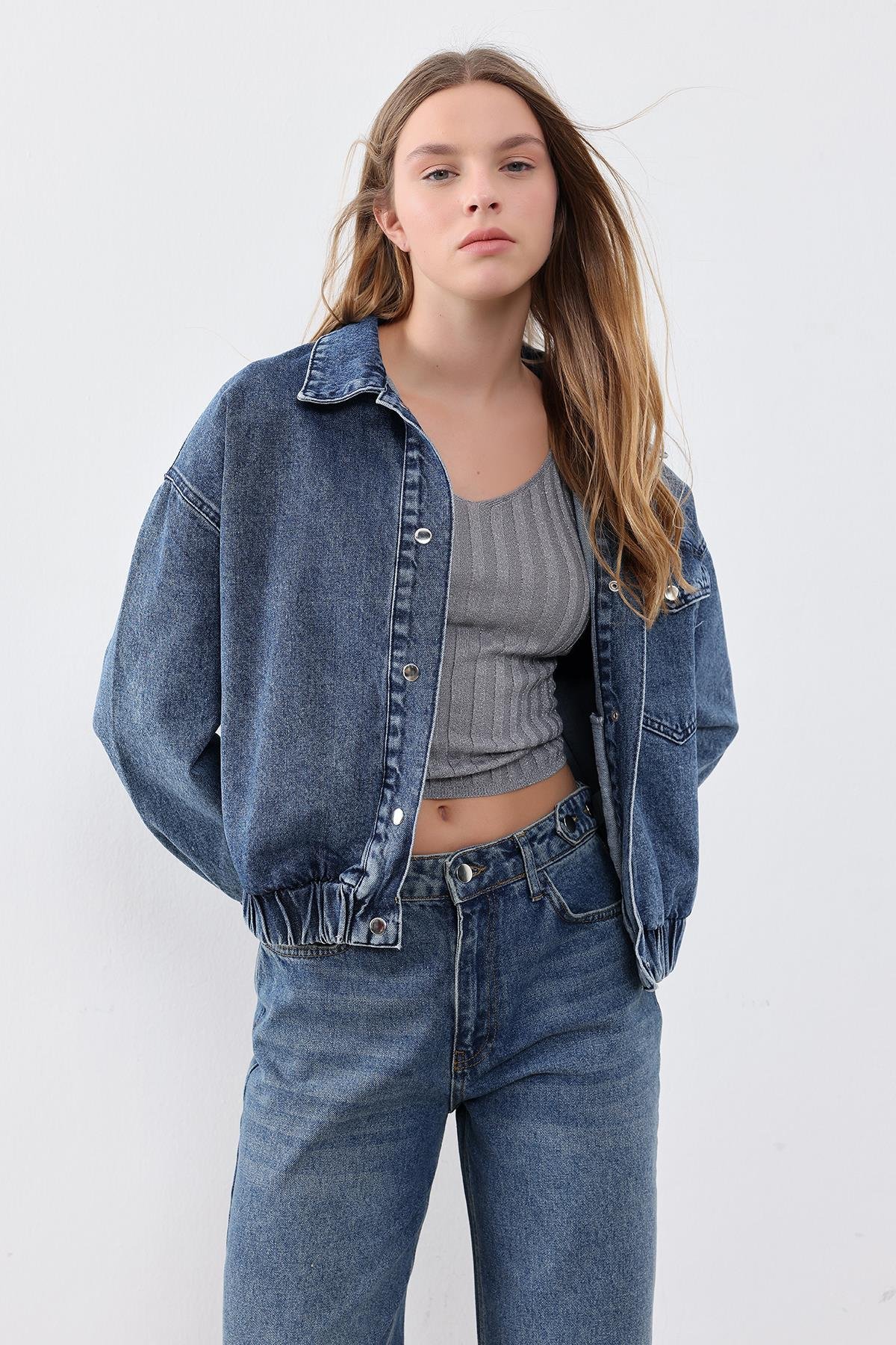 Koyu Mavi Cep Detaylı Denim Bomber Ceket