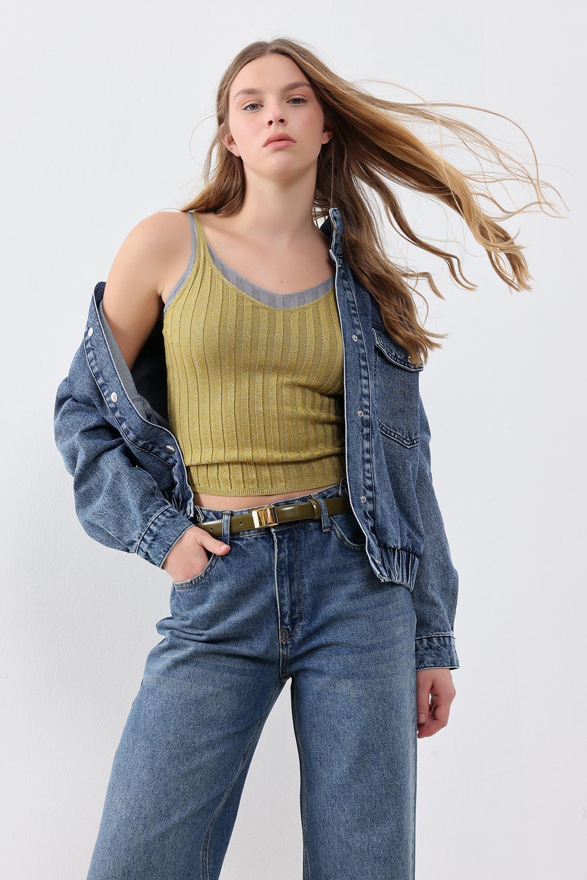 Koyu Mavi Cep Detaylı Denim Bomber Ceket