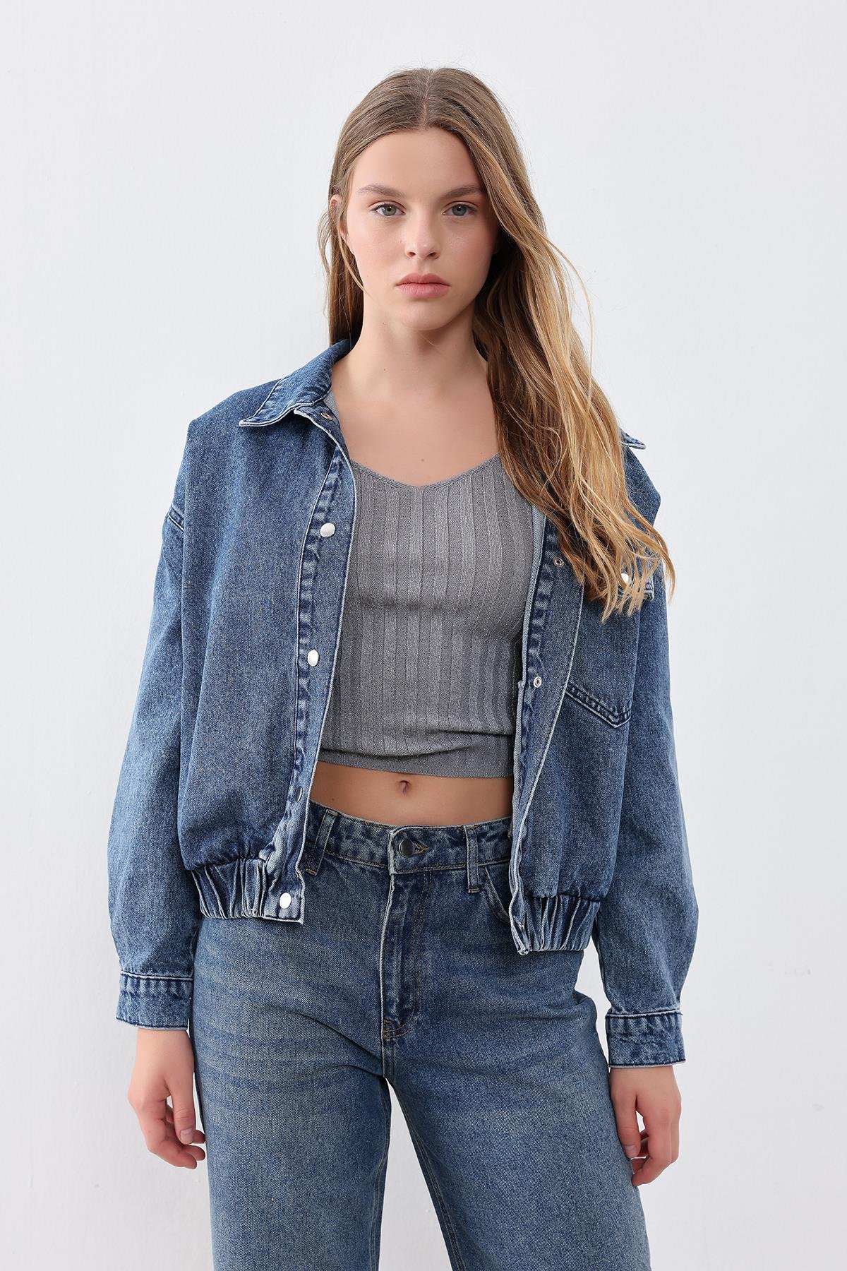 Koyu Mavi Cep Detaylı Denim Bomber Ceket