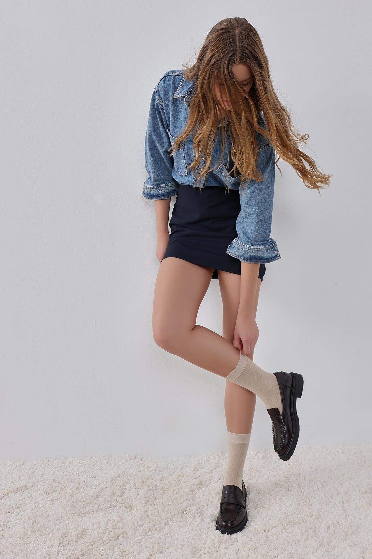 Lacivert Astarlı Mini Etek