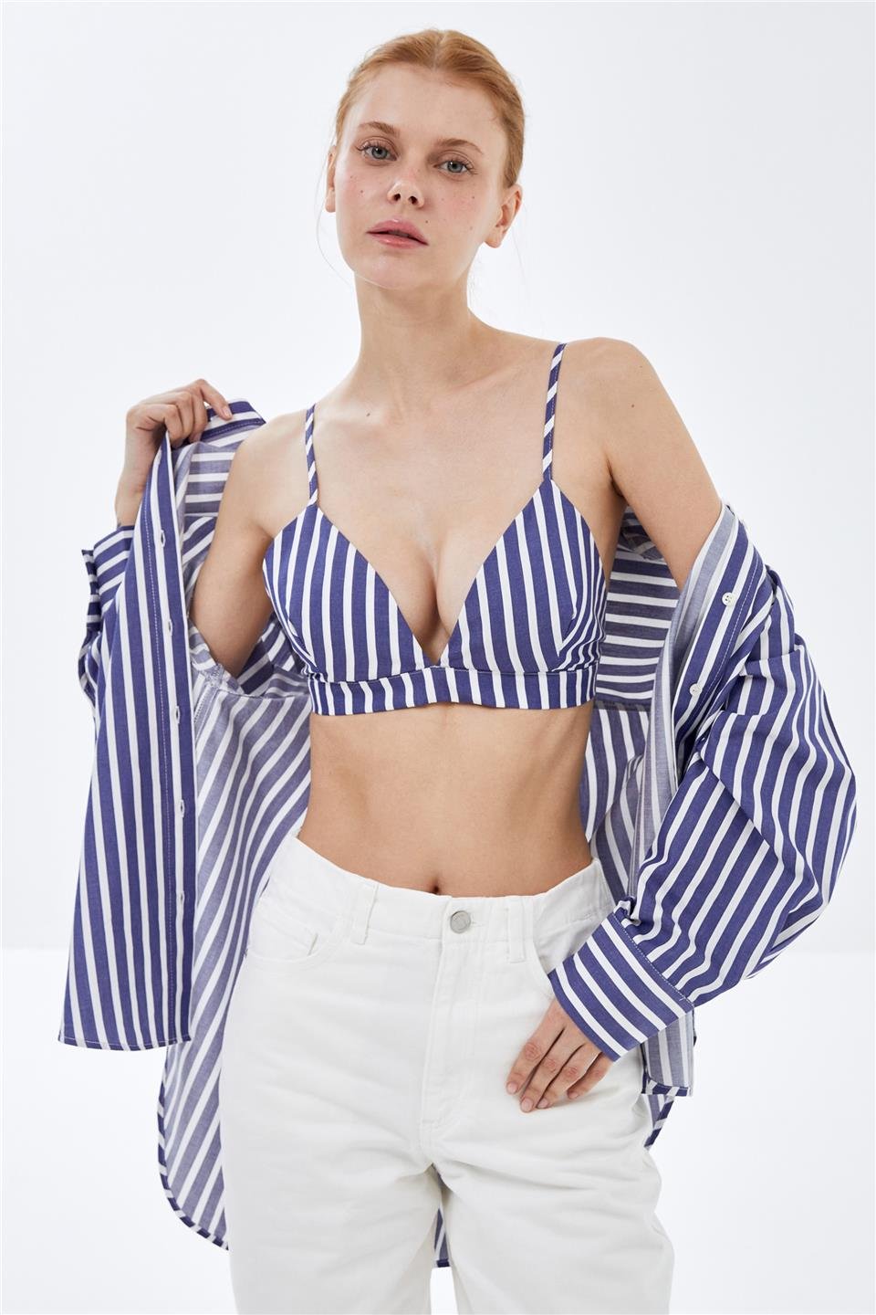 Lacivert-Beyaz Cizgilli Çizgili Büstiyer