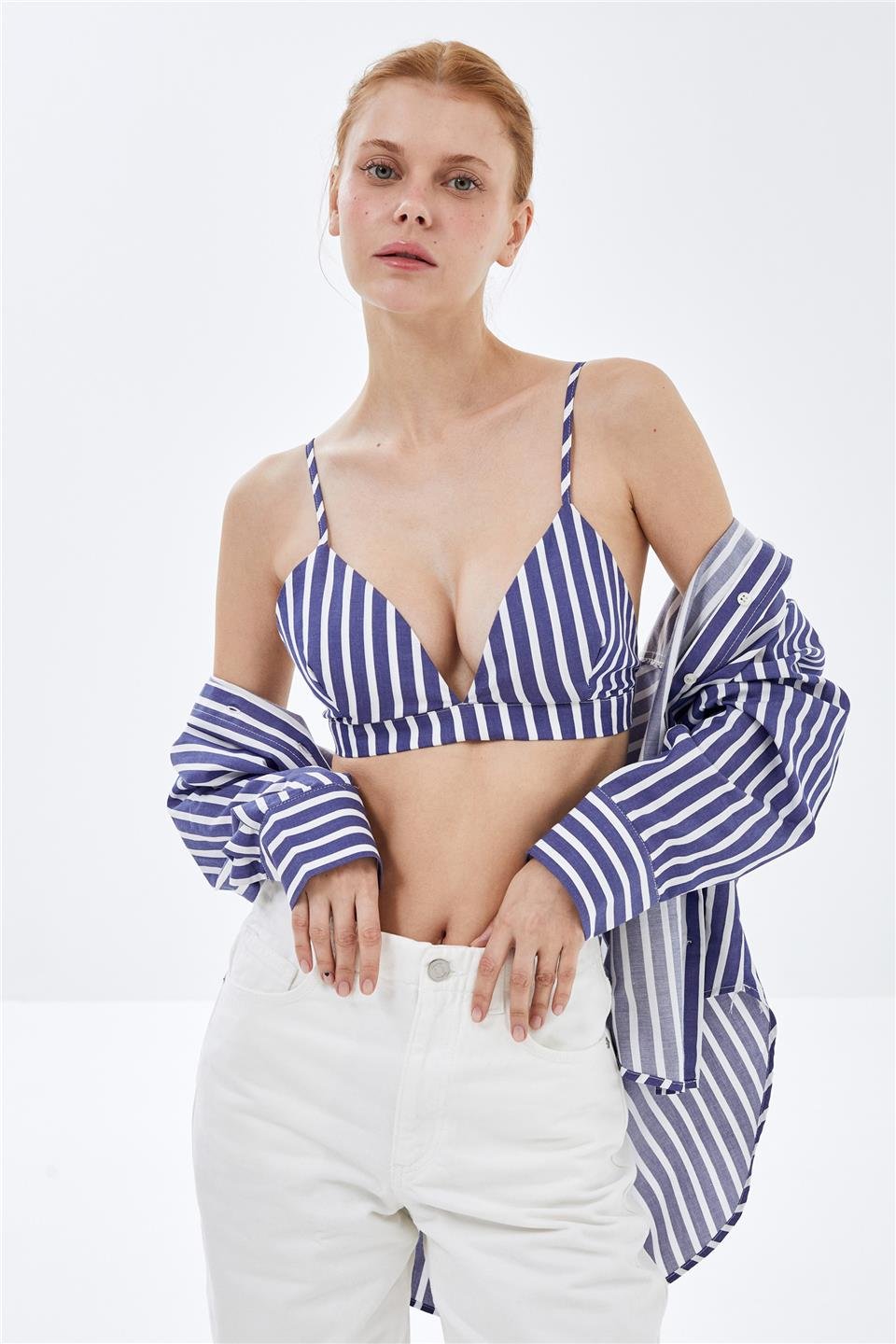 Lacivert-Beyaz Cizgilli Çizgili Büstiyer
