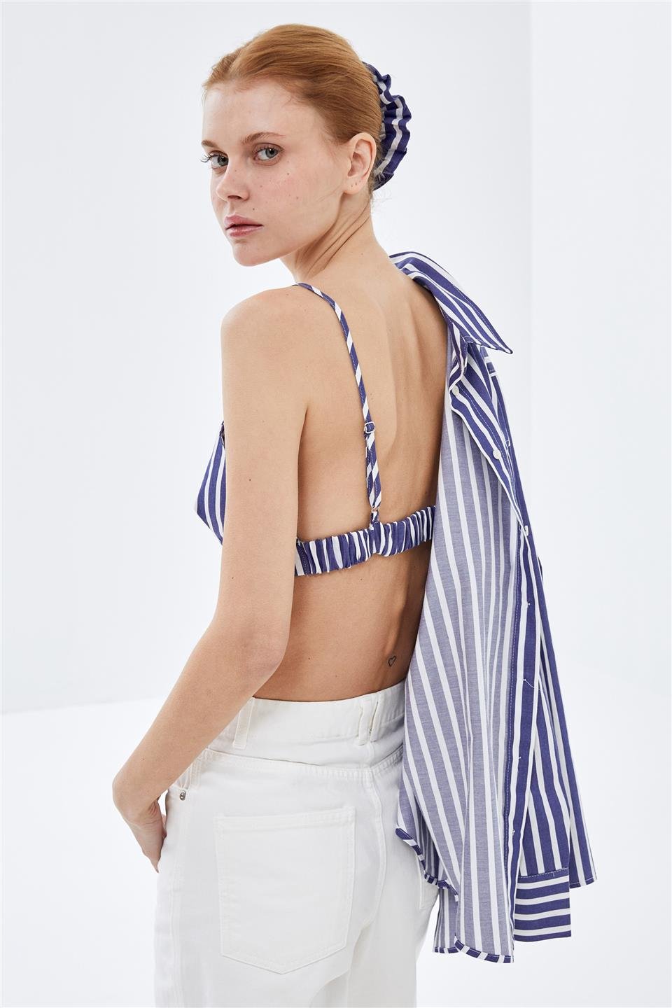 Lacivert-Beyaz Cizgilli Çizgili Büstiyer