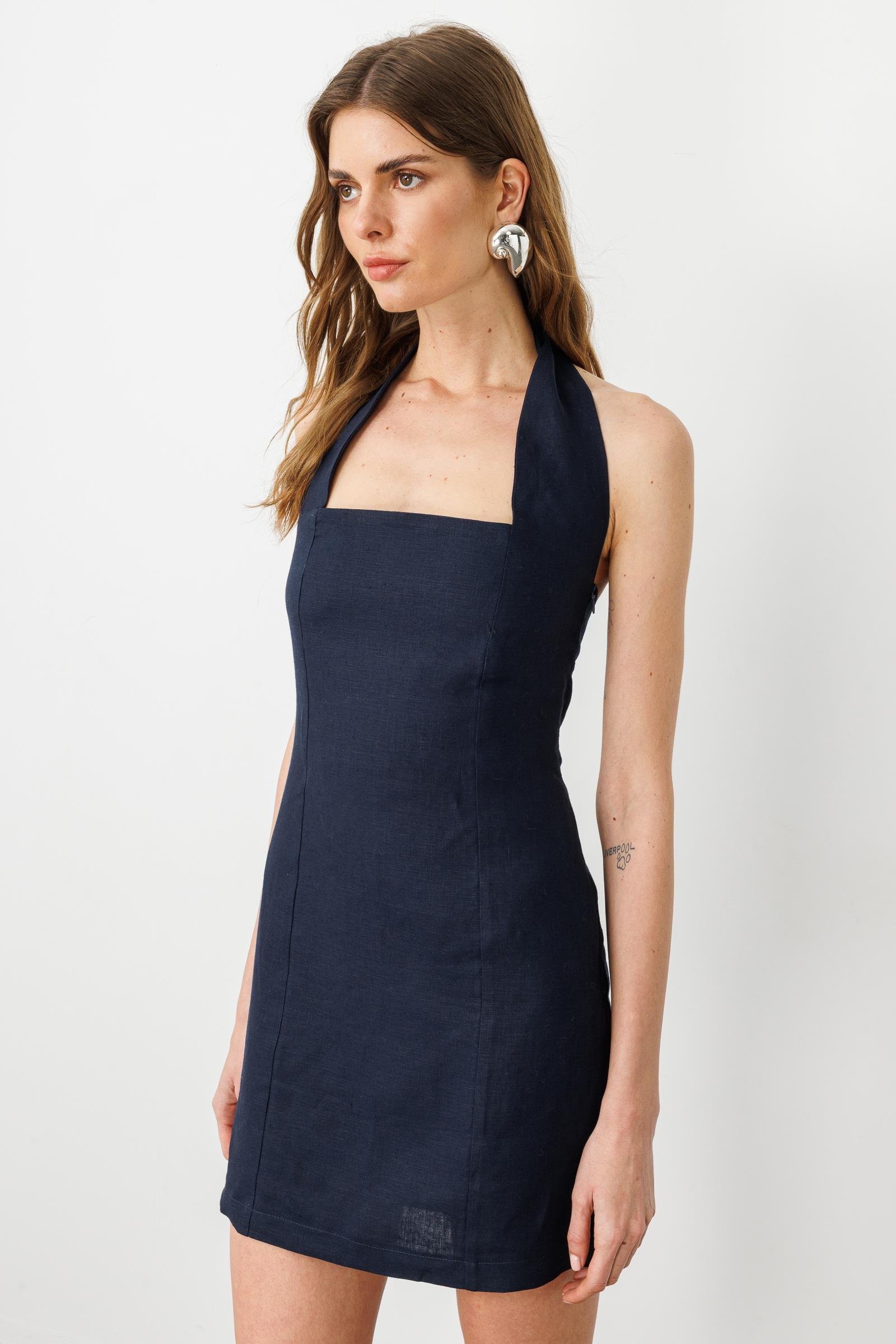 Lacivert Boyundan Bağlamalı, Sırtı Gipeli, Astarlı Mini Keten Elbise