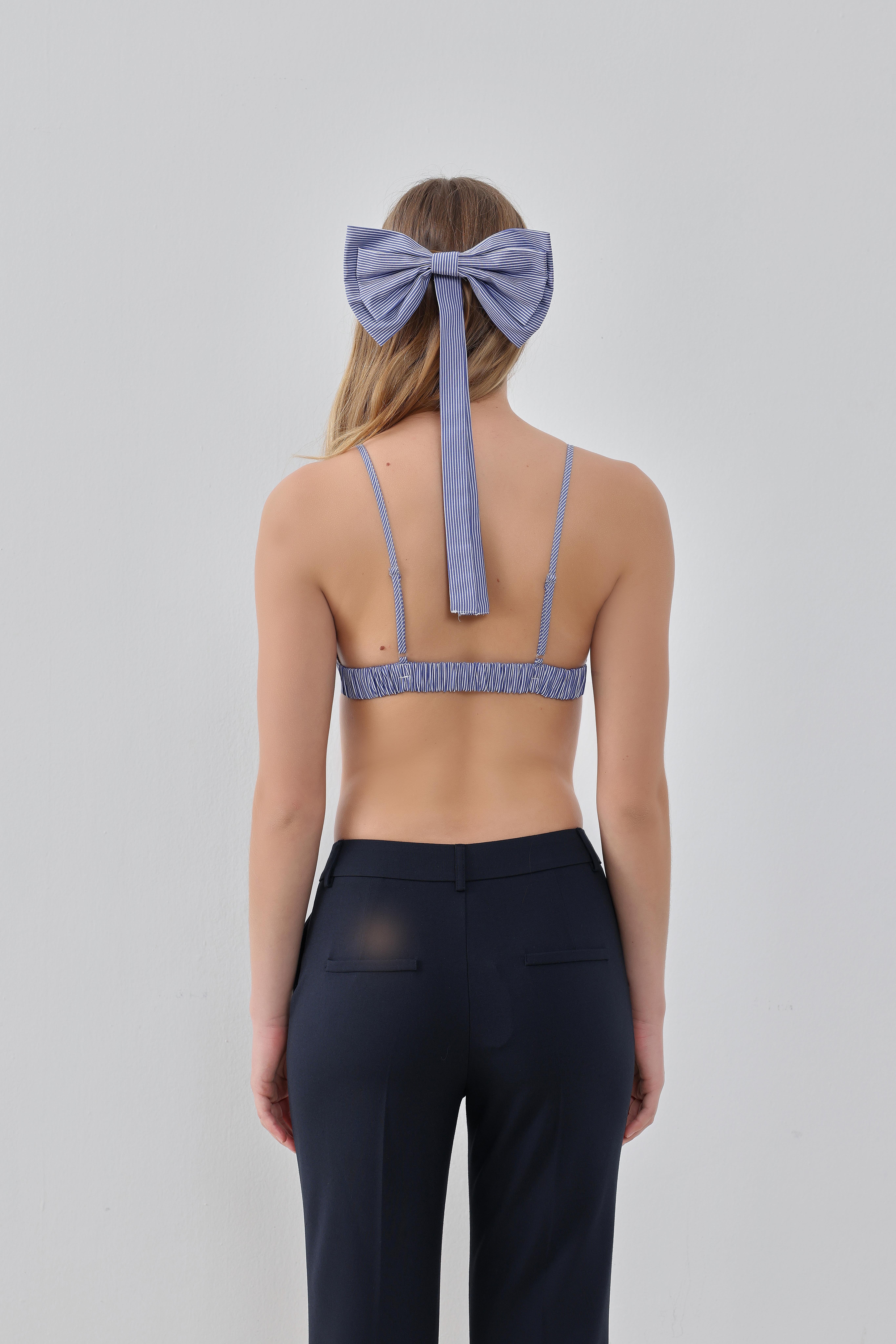 Lacivert-Çizgili Ayarlanabilir Askı Detaylı,İnce Şerit Dantelli Bralet