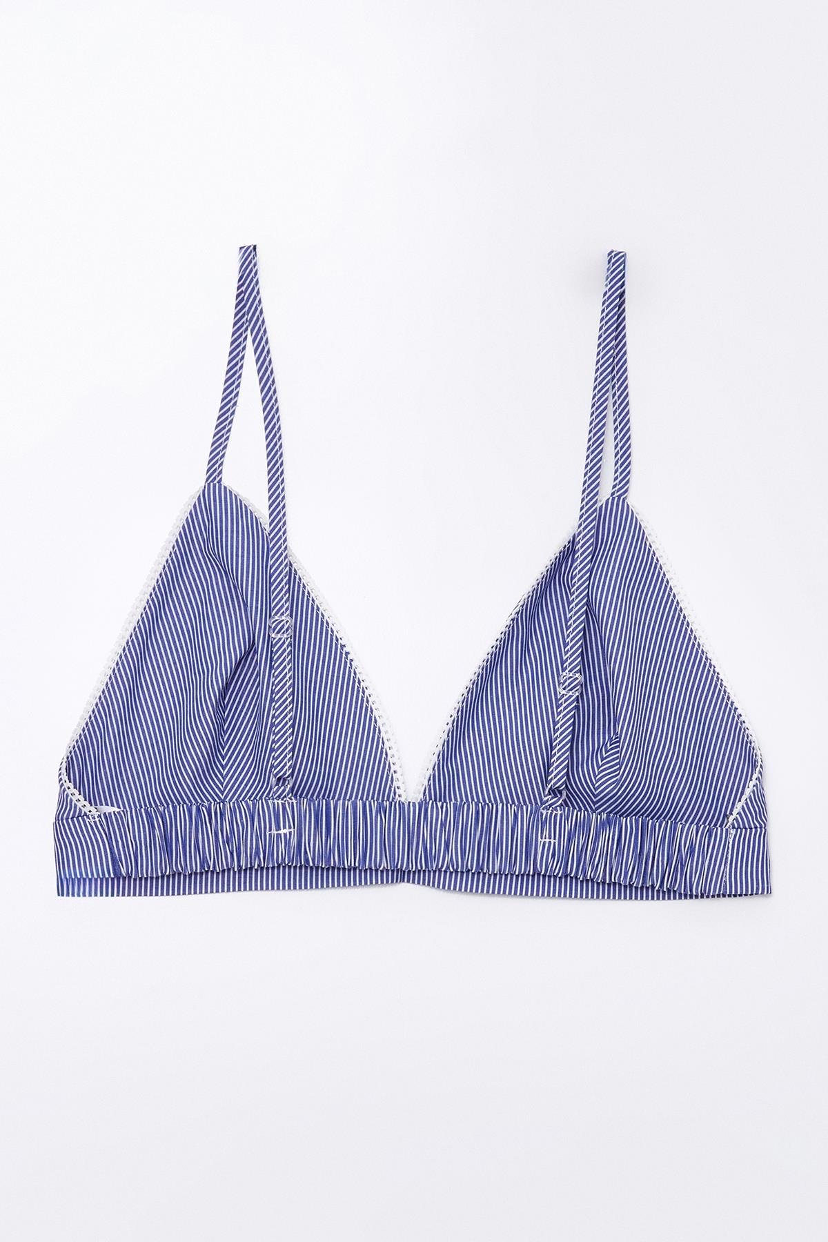 Lacivert-Çizgili Ayarlanabilir Askı Detaylı,İnce Şerit Dantelli Bralet