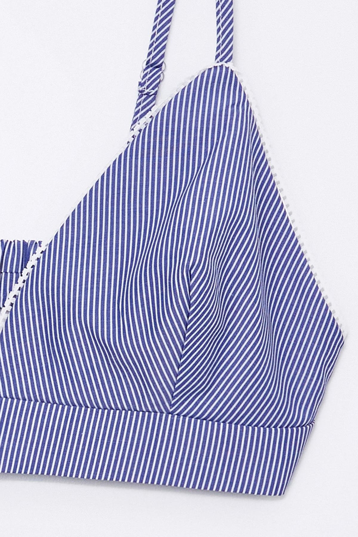 Lacivert-Çizgili Ayarlanabilir Askı Detaylı,İnce Şerit Dantelli Bralet