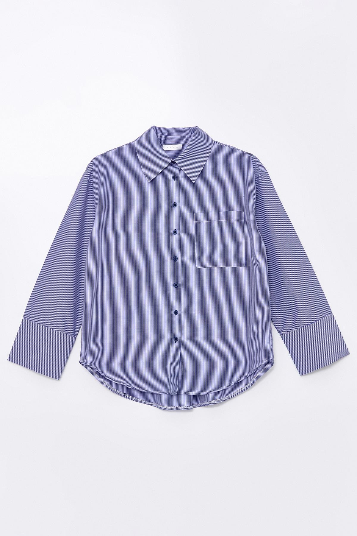 Lacivert-Çizgili Uzun Kollu Geniş Manşetli Gömlek