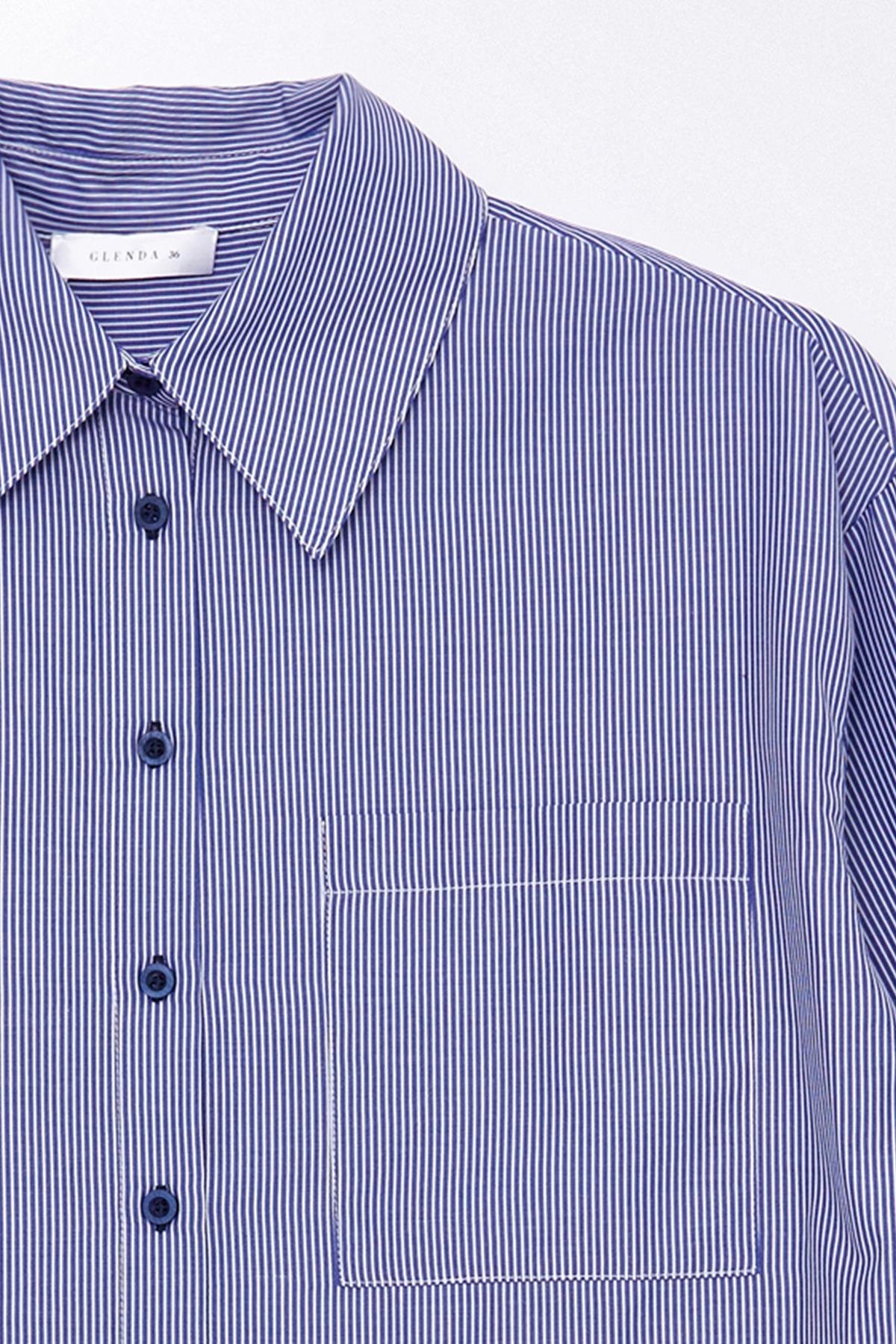 Lacivert-Çizgili Uzun Kollu Geniş Manşetli Gömlek