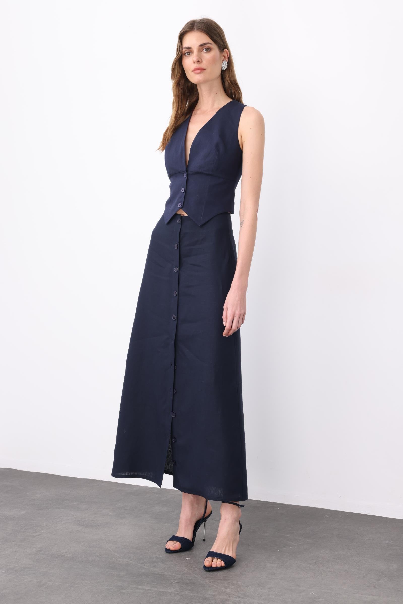 Lacivert Önden Düğmeli Midi Keten Etek