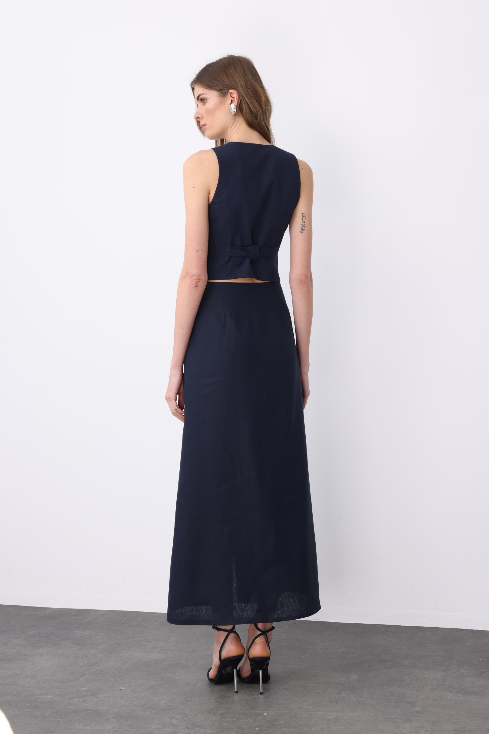 Lacivert Önden Düğmeli Midi Keten Etek