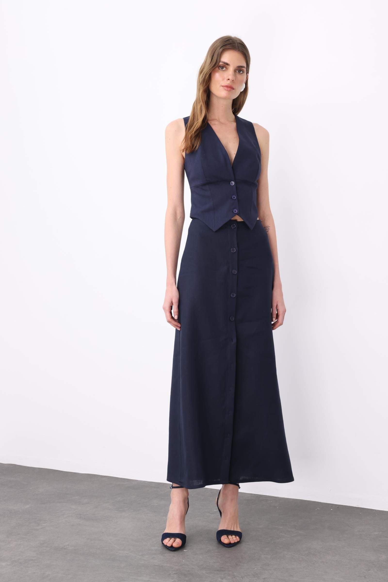 Lacivert Önden Düğmeli Midi Keten Etek