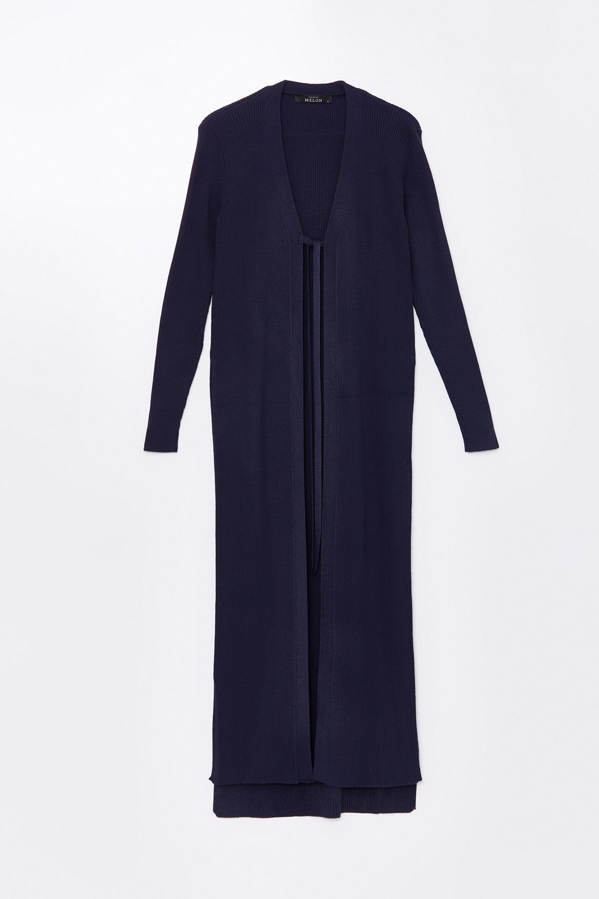 Lacivert Yandan Yırtmaçlı Uzun,Bağlama Detaylı Triko Hırka