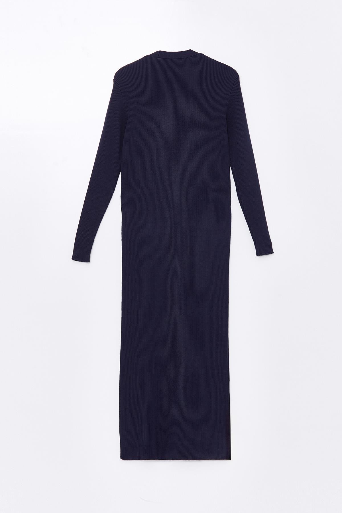 Lacivert Yandan Yırtmaçlı Uzun,Bağlama Detaylı Triko Hırka