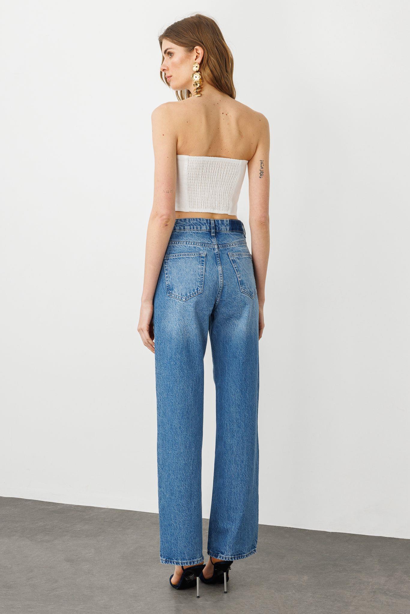 Mavi Yüksek Bel Straight Kalıp Jean