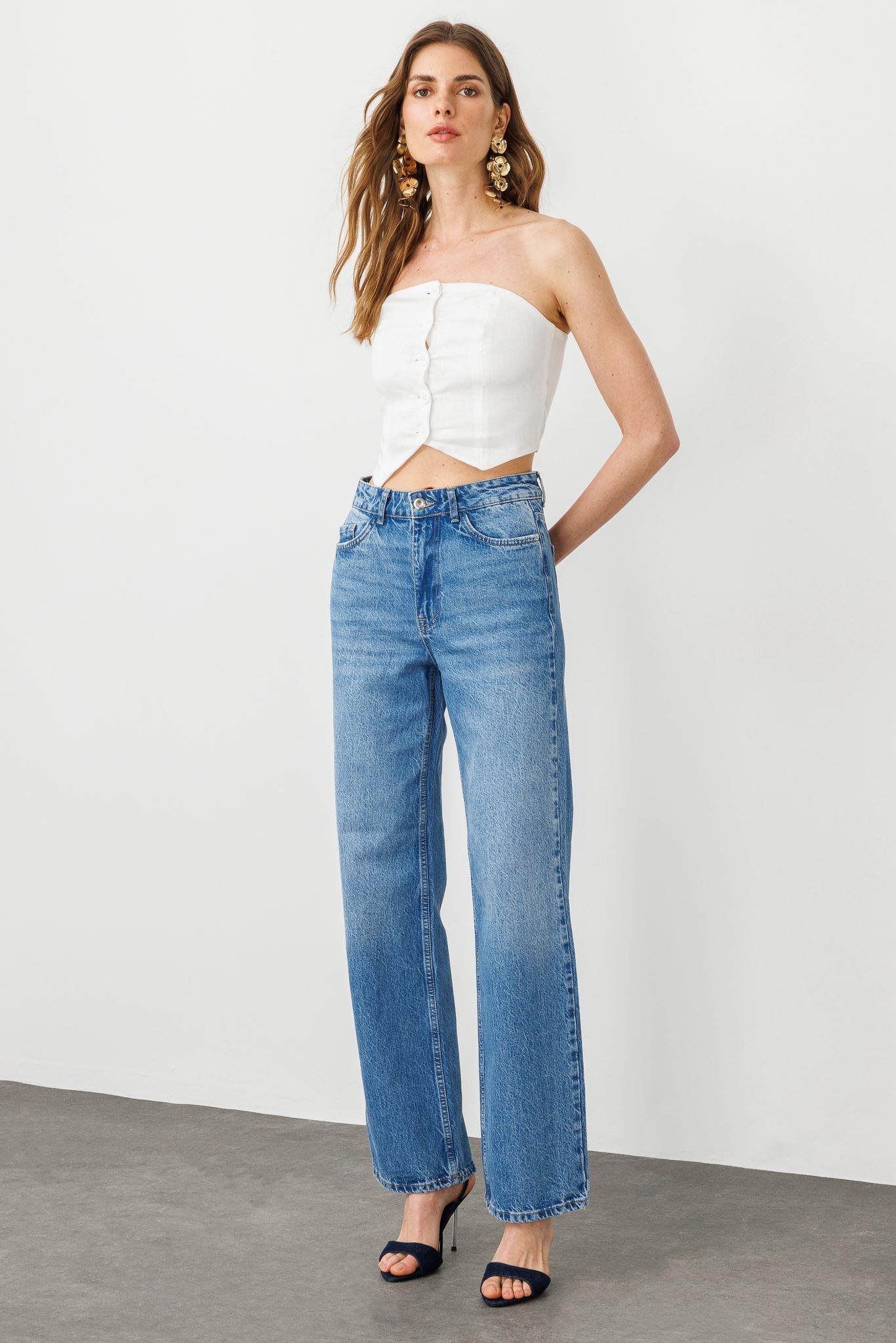 Mavi Yüksek Bel Straight Kalıp Jean