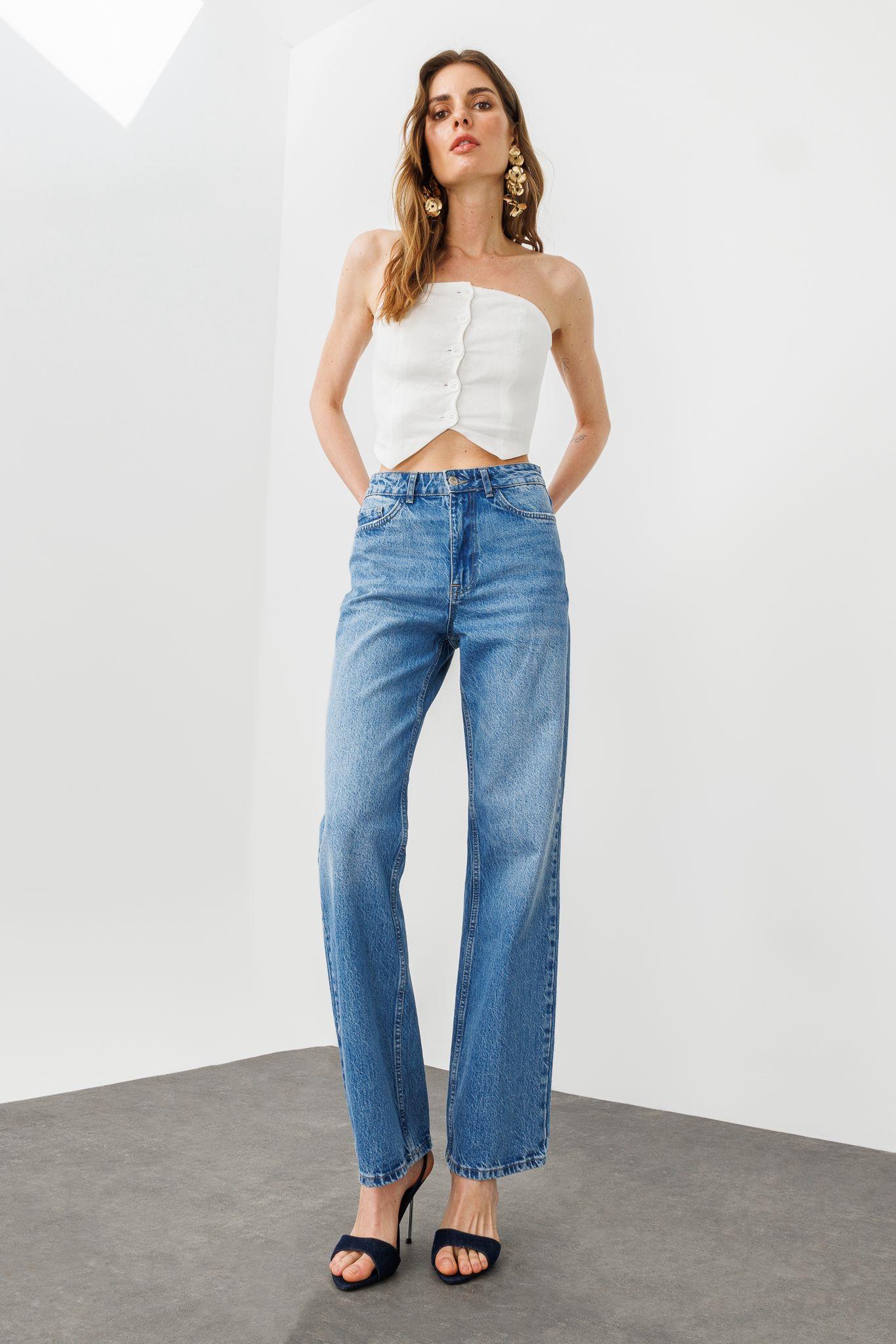 Mavi Yüksek Bel Straight Kalıp Jean