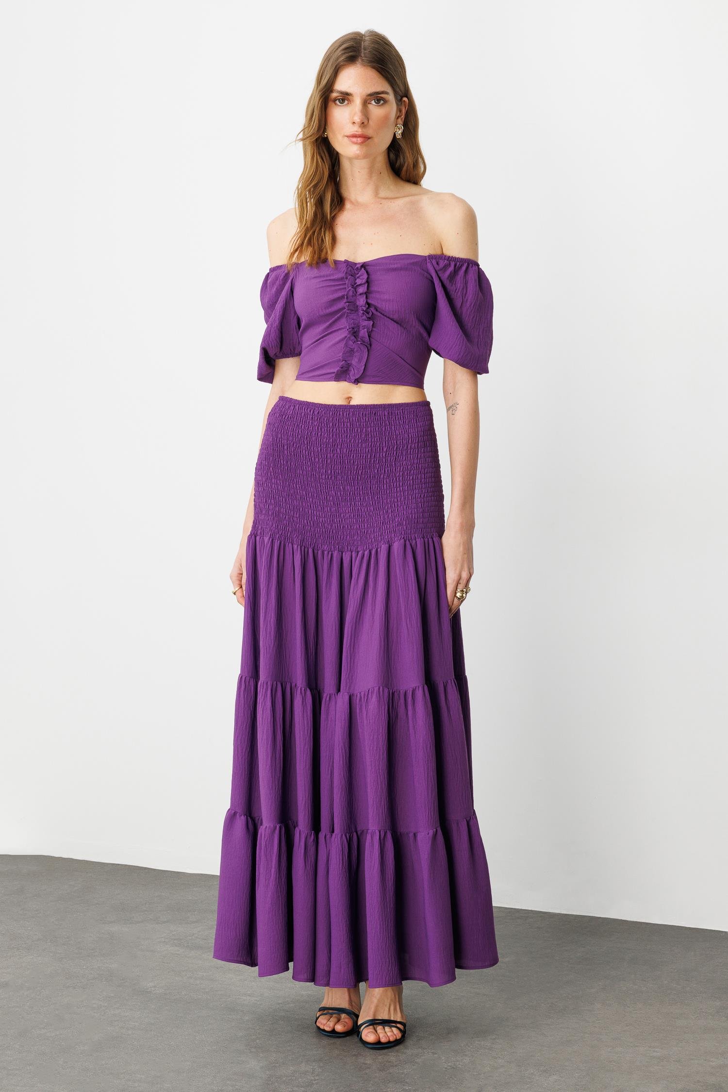 Mor Boho Gipe Detaylı Maxi Volümlü Etek