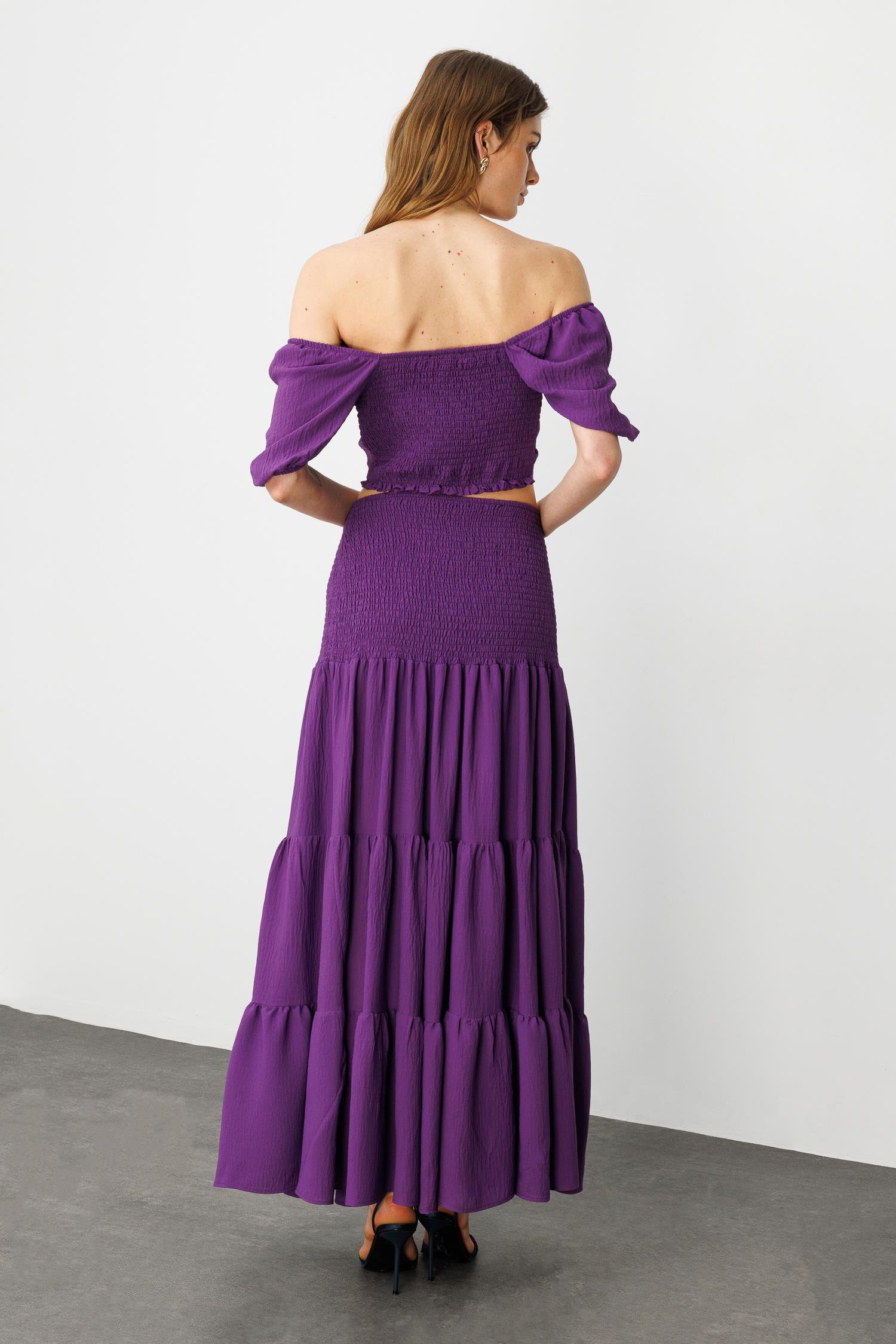 Mor Boho Gipe Detaylı Maxi Volümlü Etek