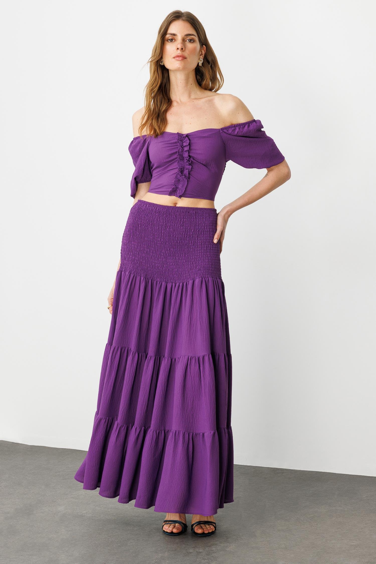 Mor Boho Gipe Detaylı Maxi Volümlü Etek