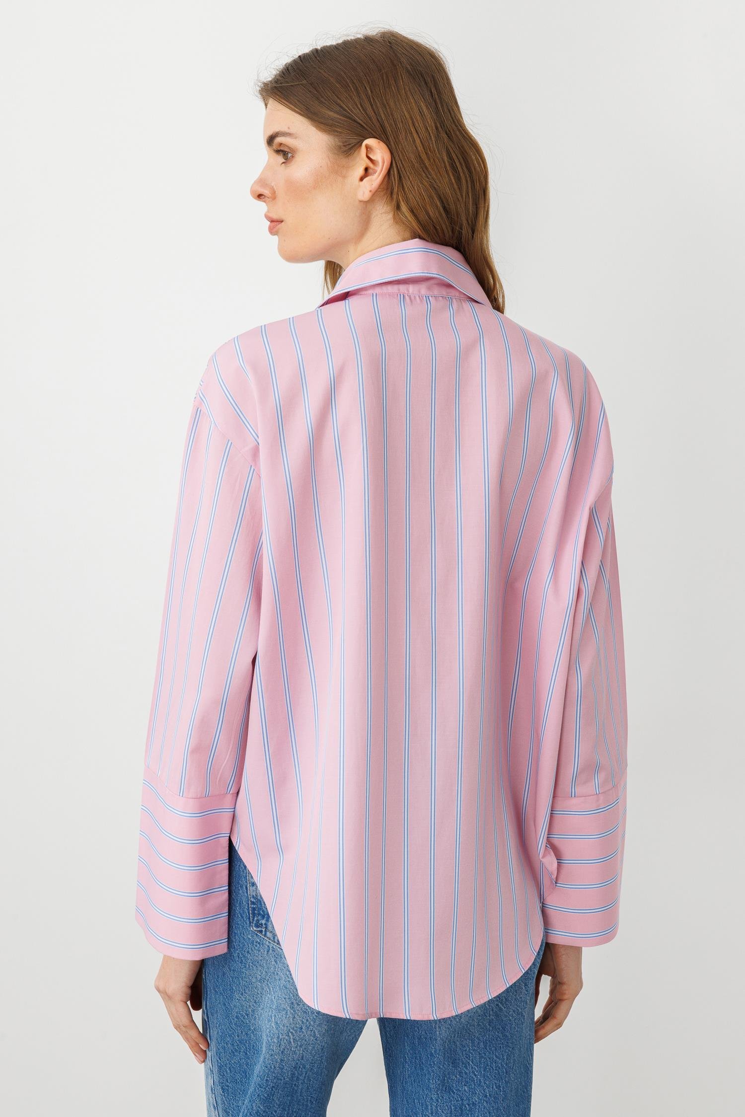 Pembe-Çizgili Pamuklu Geniş Yaka Ve Manşet Detaylı Gömlek