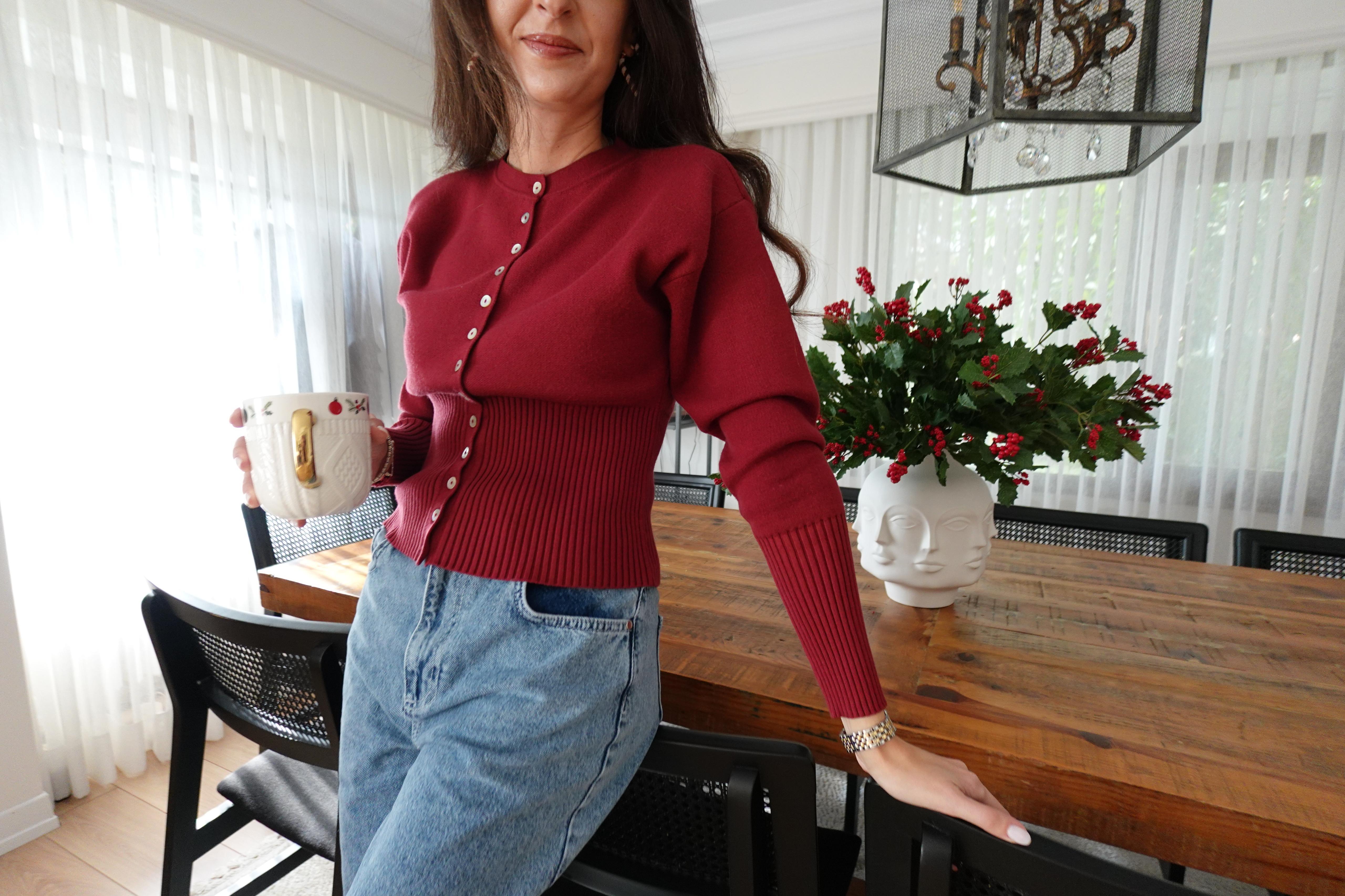 Pieces of Melon x Narod Bıçakçı Bordo Sedef Düğmeli Yumuşak Tuşeli Triko Hırka