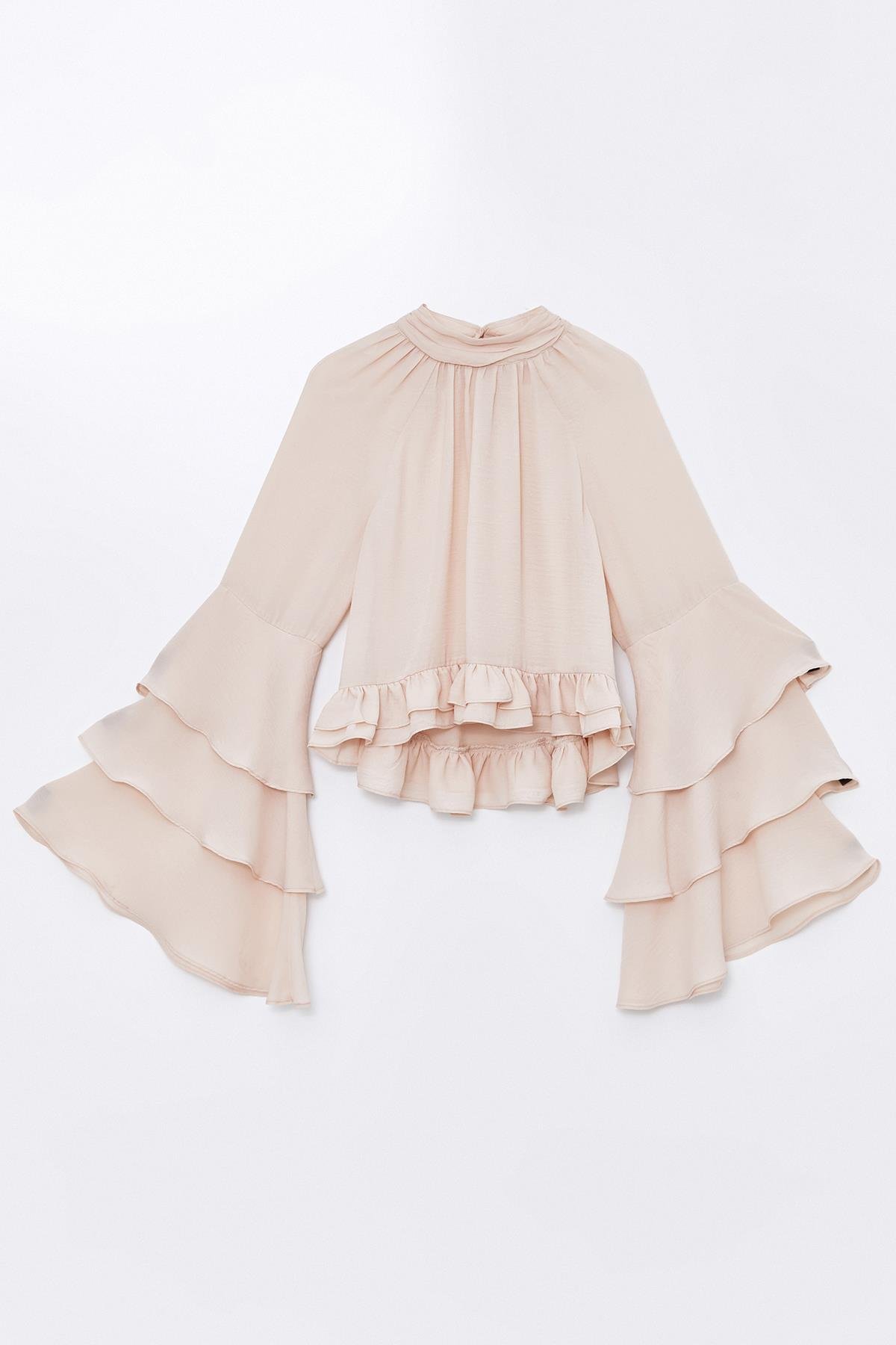 Pudra Kol Ve Etek Ucu Volan Detaylı Dik Yakalı Dökümlü Bluz