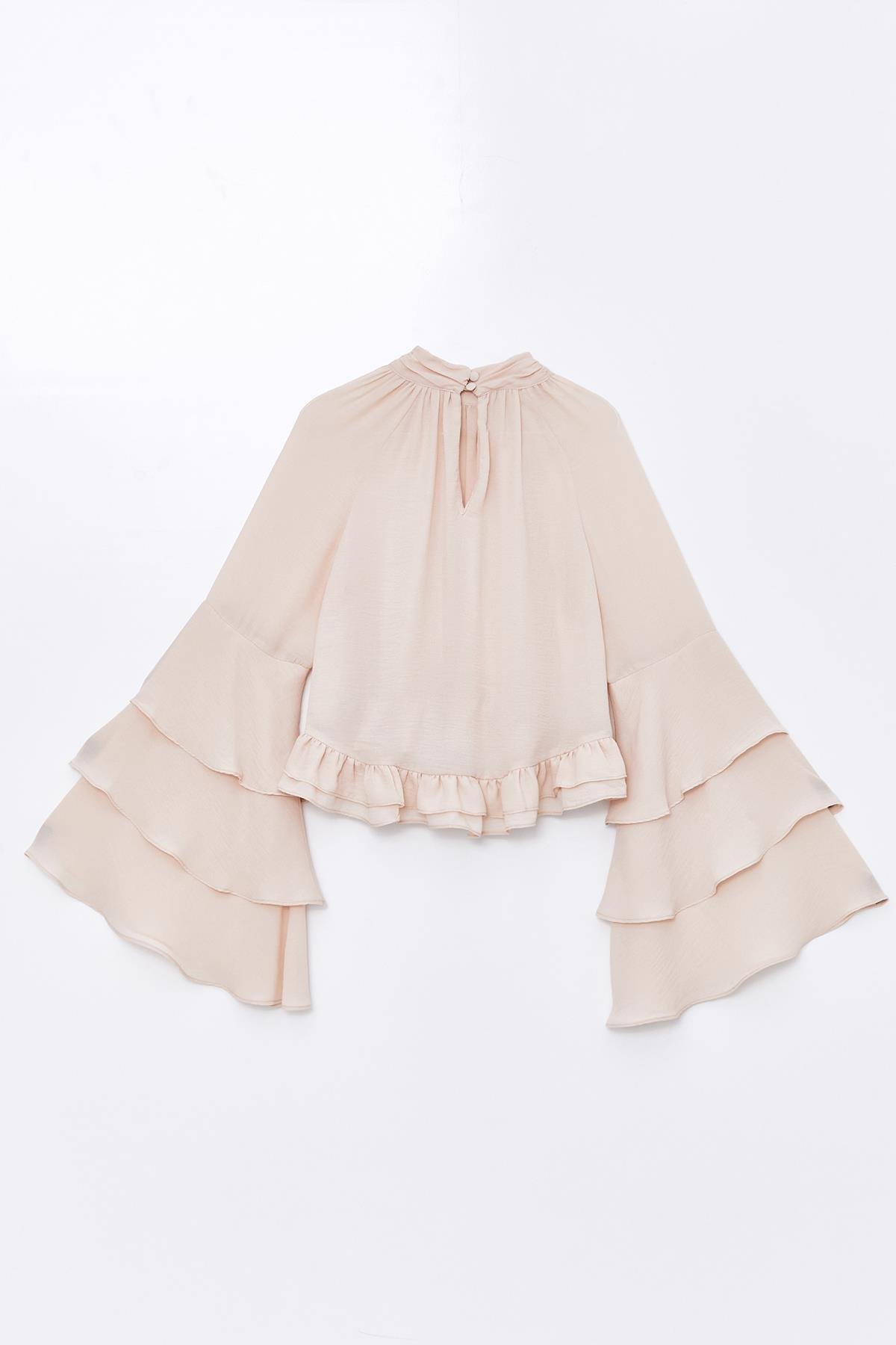 Pudra Kol Ve Etek Ucu Volan Detaylı Dik Yakalı Dökümlü Bluz