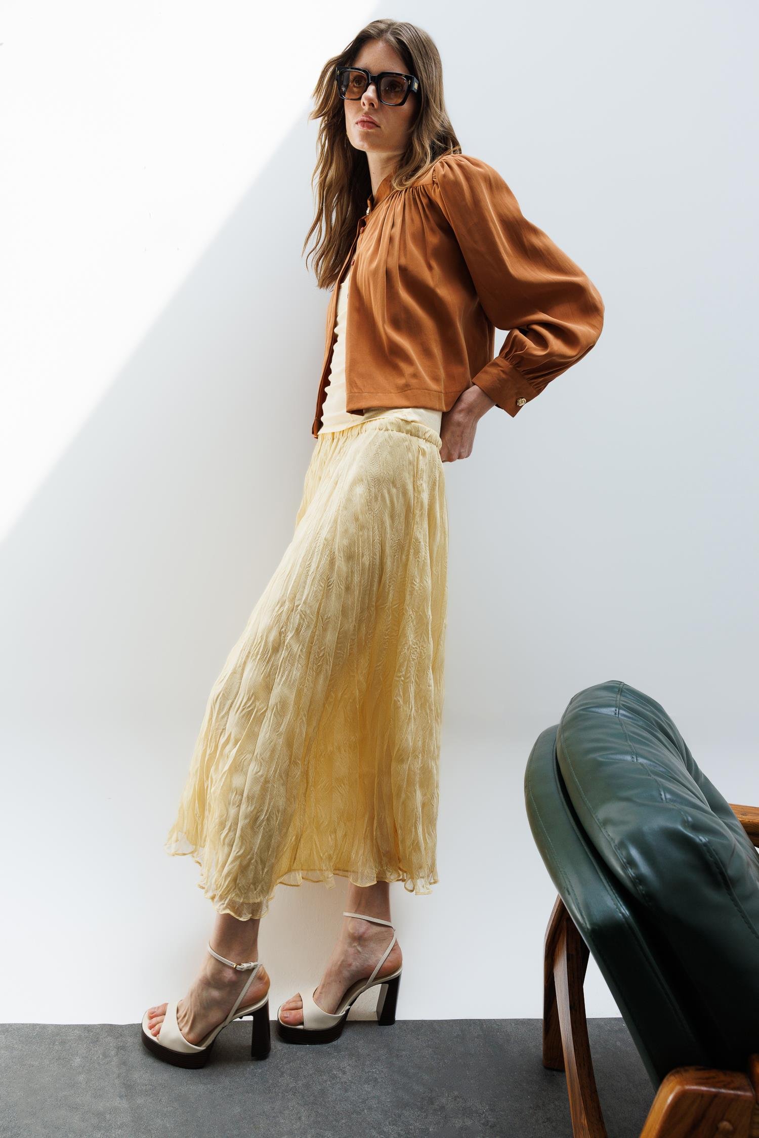 Sarı Crashlı Midi Şifon Etek