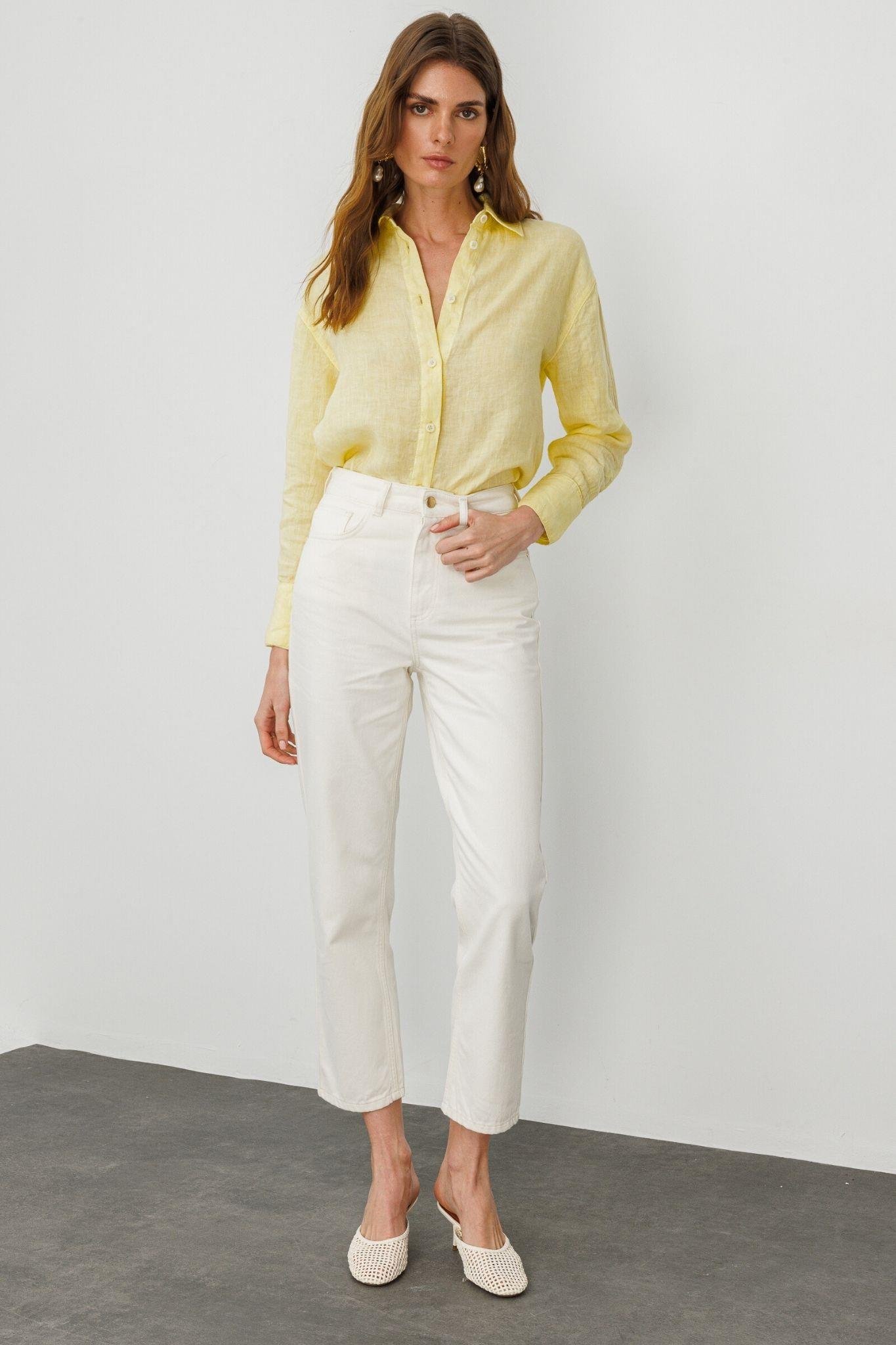 Sarı Önden Düğmeli %100 Keten Gömlek