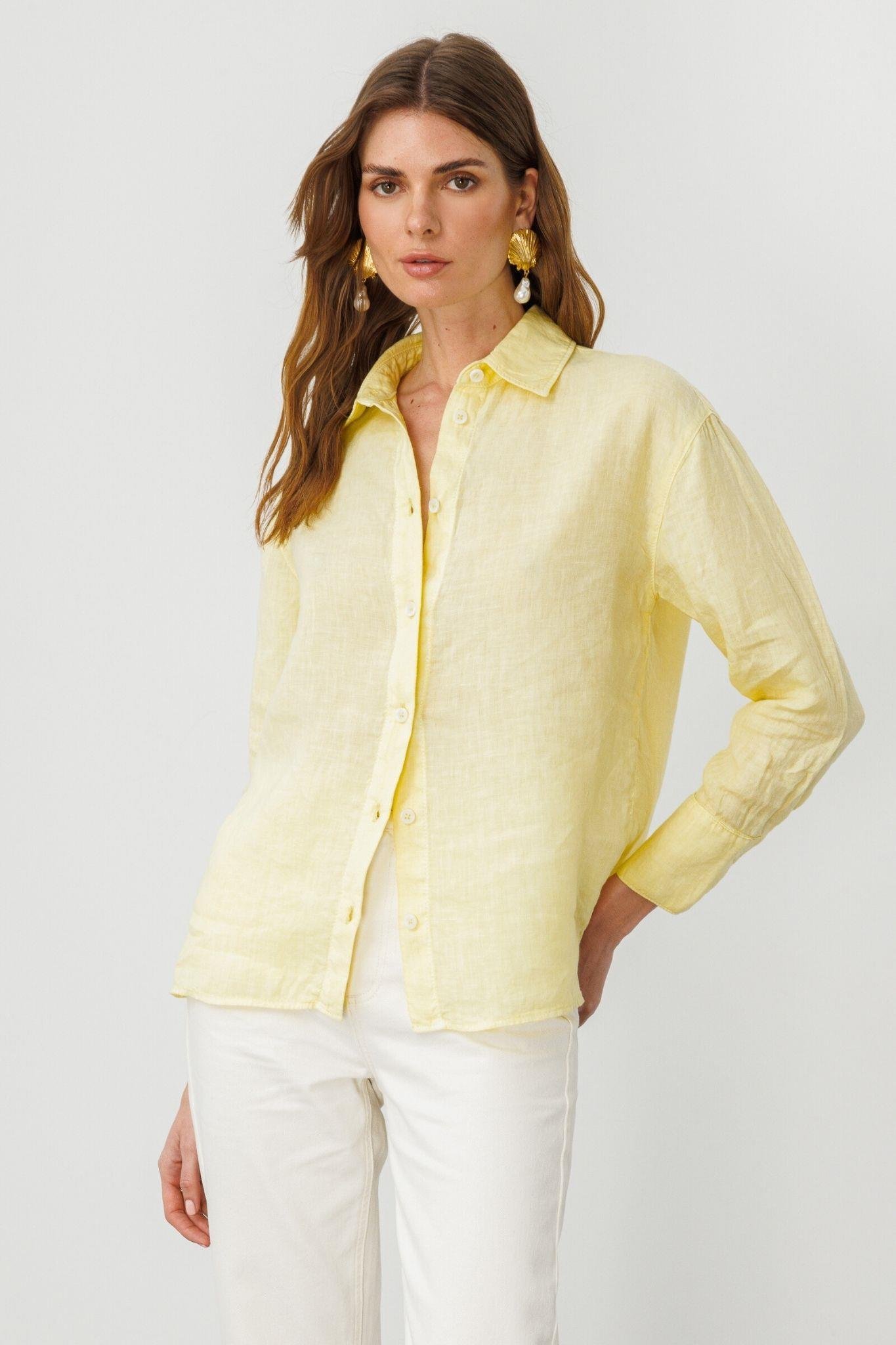 Sarı Önden Düğmeli %100 Keten Gömlek