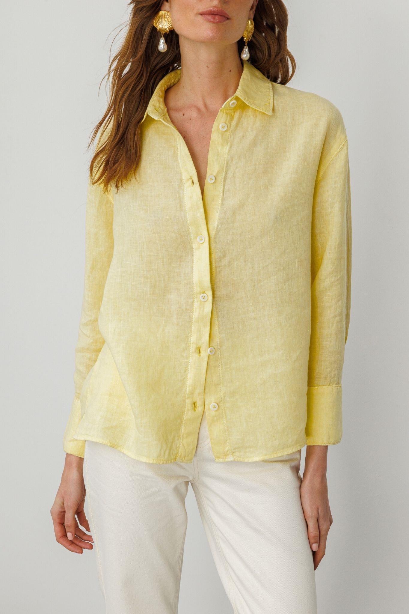 Sarı Önden Düğmeli %100 Keten Gömlek