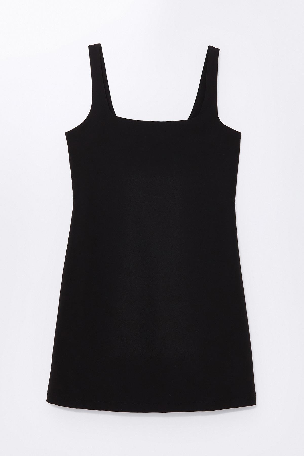 Siyah Askılı, Kare Yakalı Astarlı Mini Jile Elbise