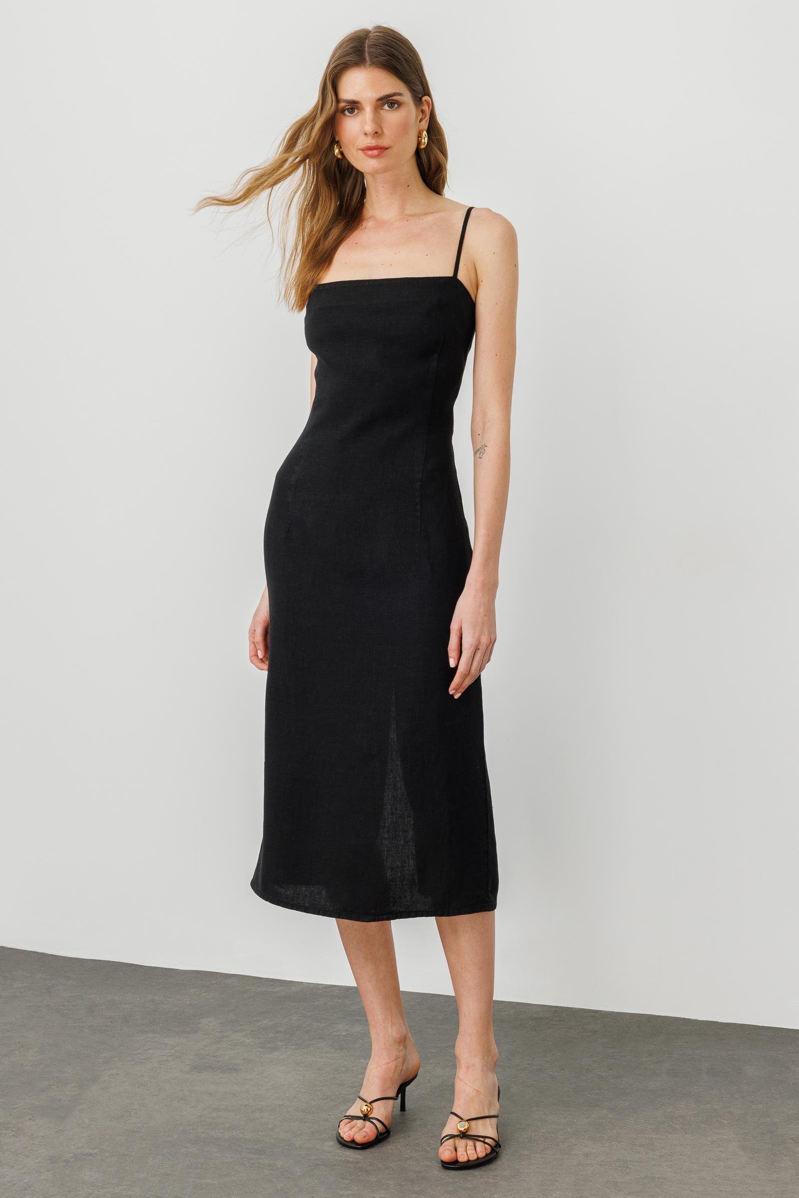 Siyah Ayarlanabilir Askılı, Yırtmaçlı Keten Elbise