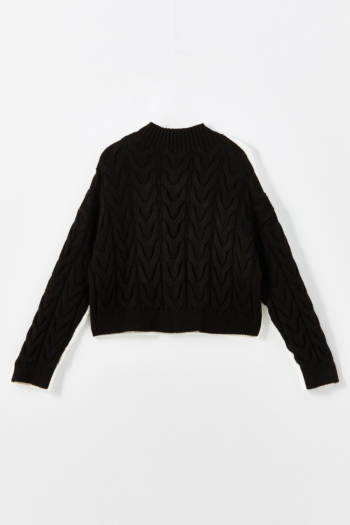 Siyah-Beyaz Saç Örgülü Dik Yakalı Çift Taraflı Giyilebilir Kazak