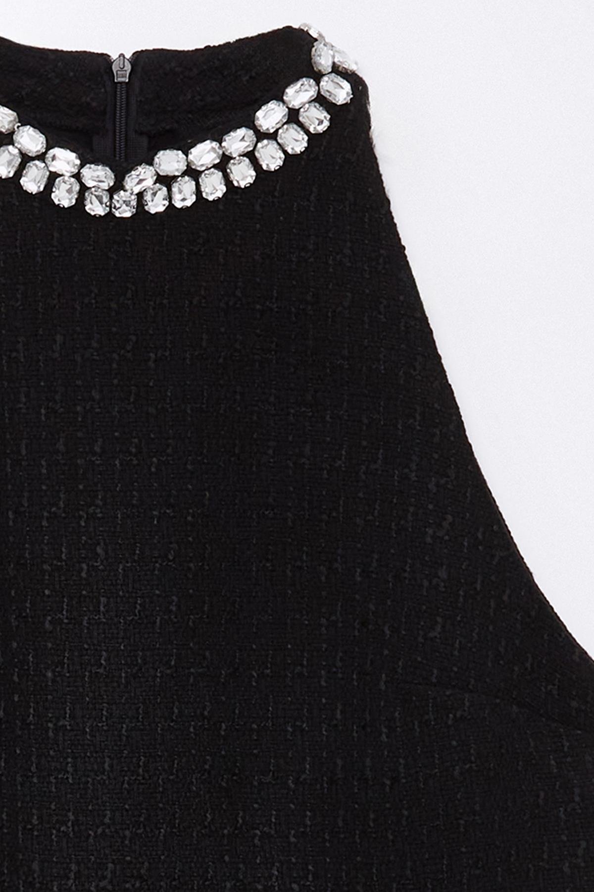 Siyah Halter Yaka Taş İşlemeli Tüvit Elbise