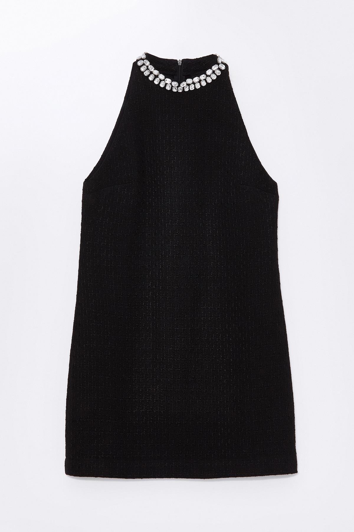 Siyah Halter Yaka Taş İşlemeli Tüvit Elbise