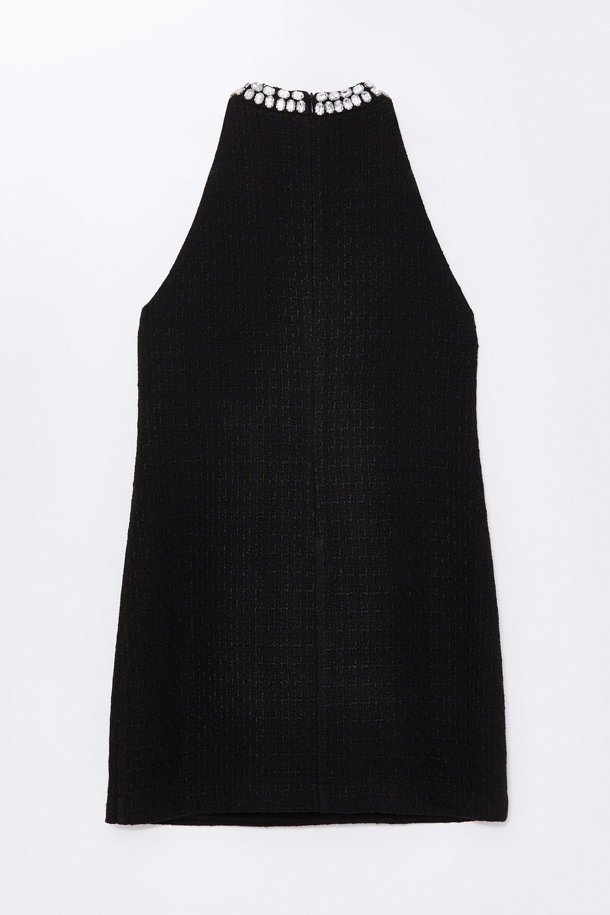 Siyah Halter Yaka Taş İşlemeli Tüvit Elbise