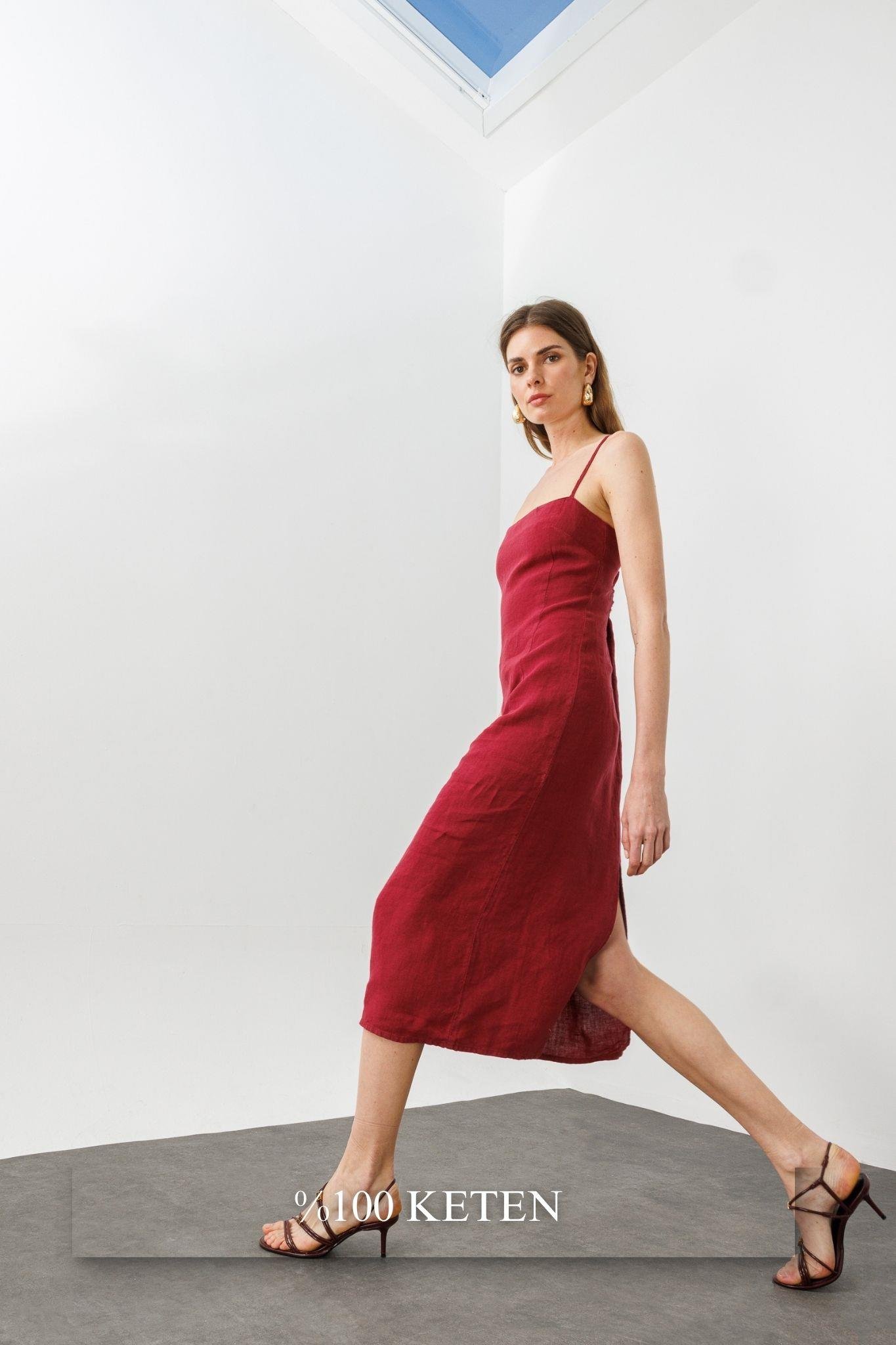 Vişne Ayarlanabilir Askılı, Yırtmaçlı Keten Elbise