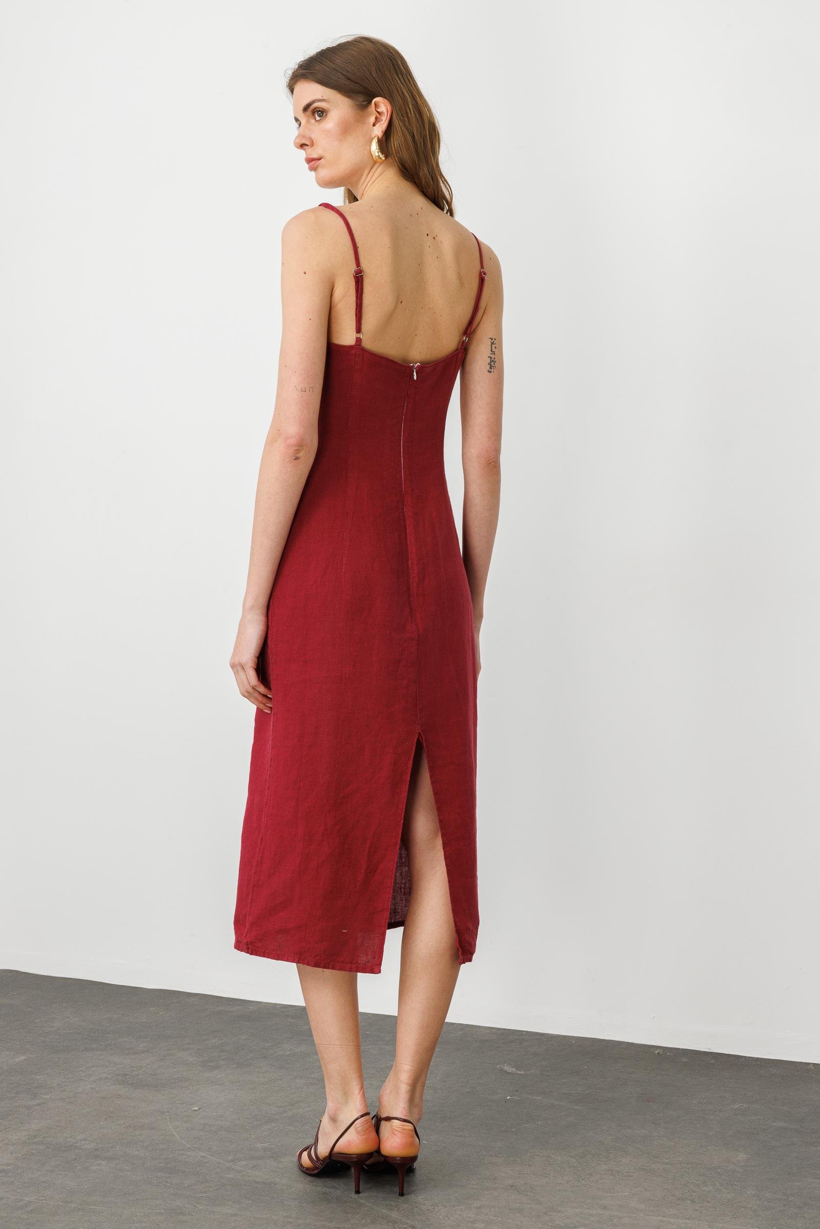 Vişne Ayarlanabilir Askılı, Yırtmaçlı Keten Elbise