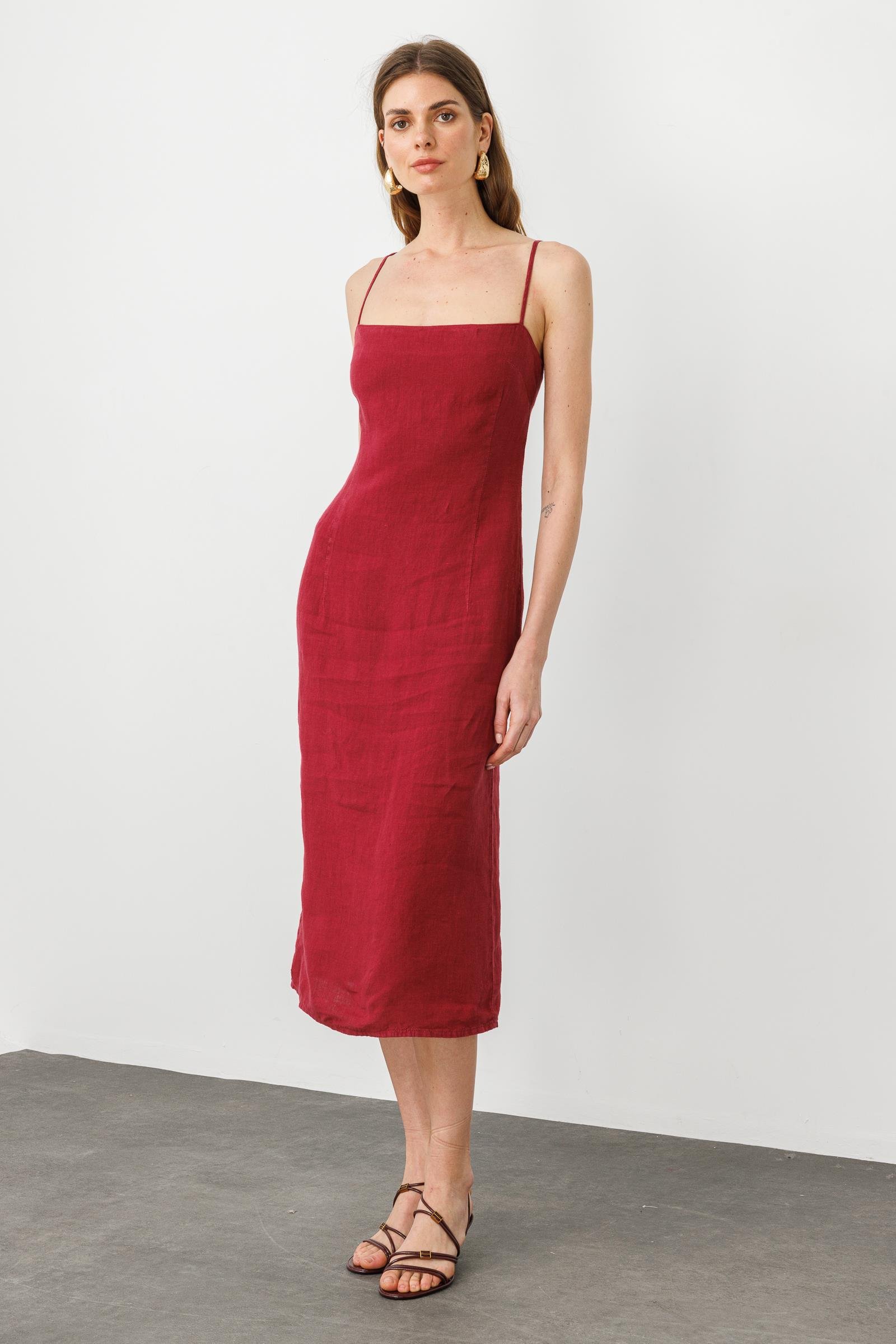 Vişne Ayarlanabilir Askılı, Yırtmaçlı Keten Elbise