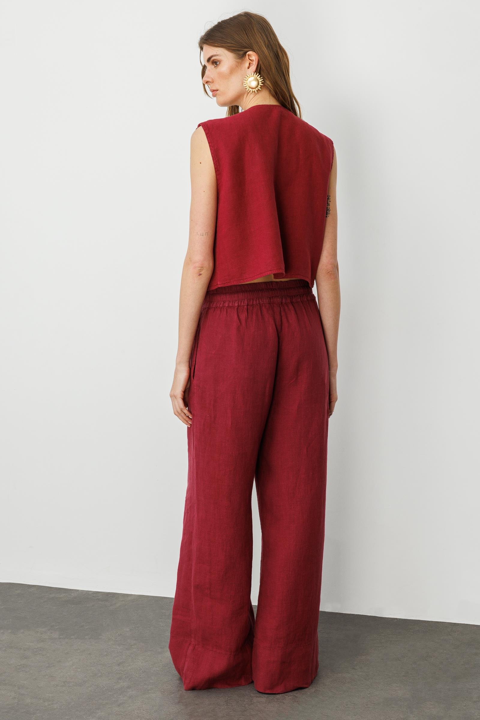 Vişne Bel Lastikli Salaş Kesim %100 Keten Wide Leg Pantolon