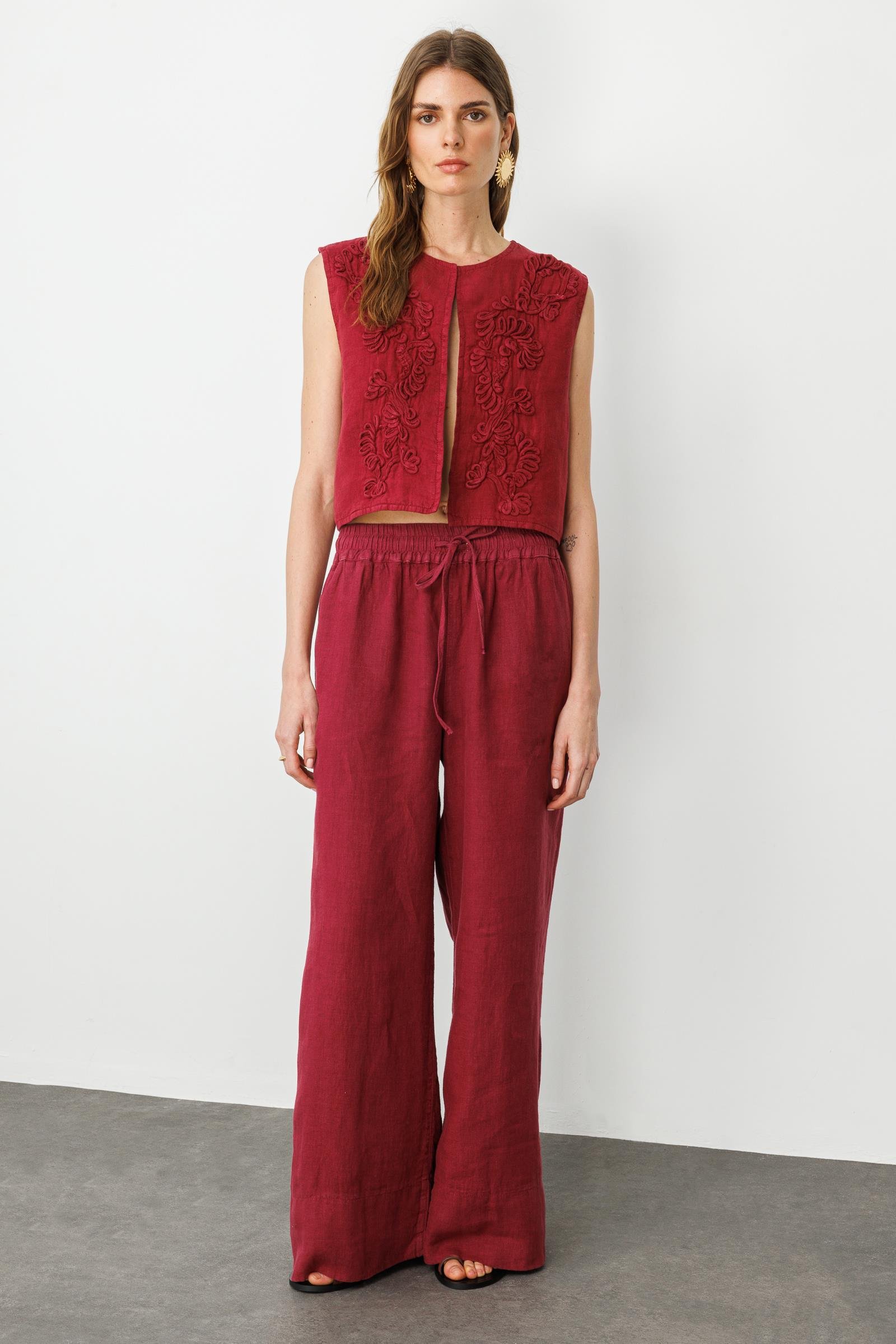 Vişne Bel Lastikli Salaş Kesim %100 Keten Wide Leg Pantolon