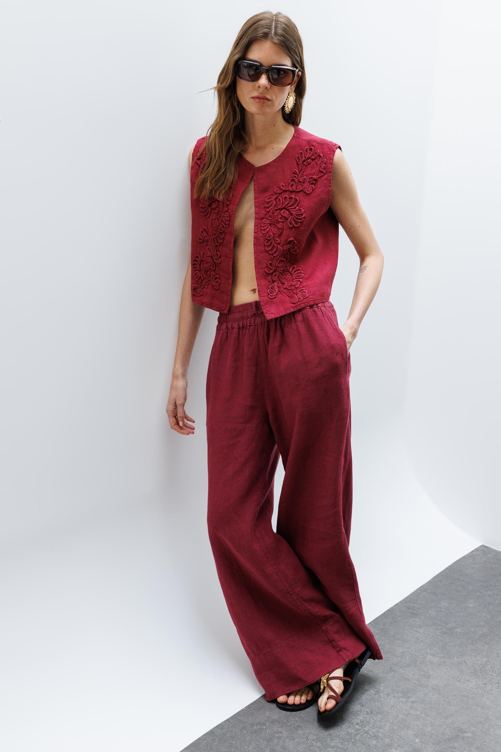 Vişne Bel Lastikli Salaş Kesim %100 Keten Wide Leg Pantolon