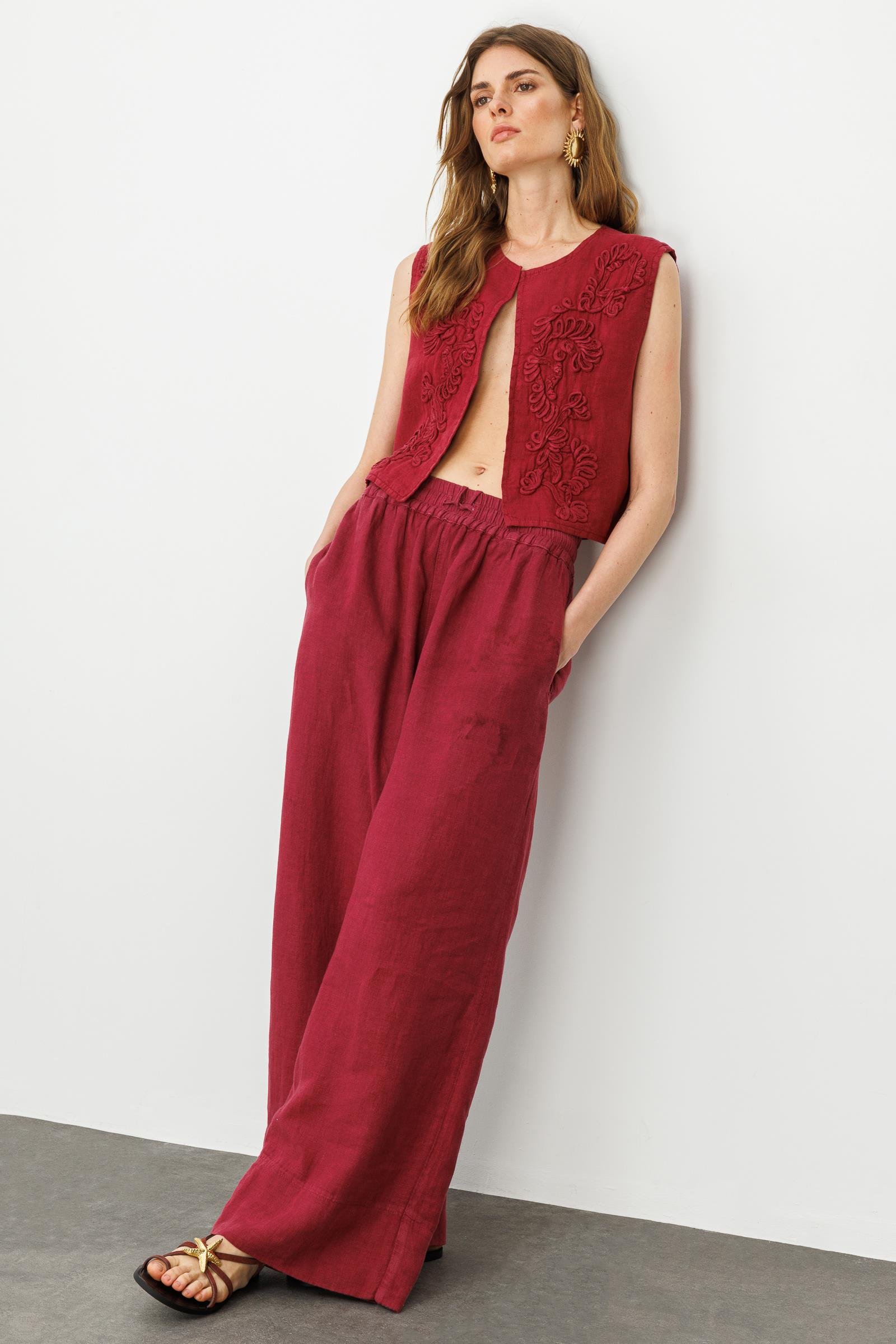 Vişne Bel Lastikli Salaş Kesim %100 Keten Wide Leg Pantolon