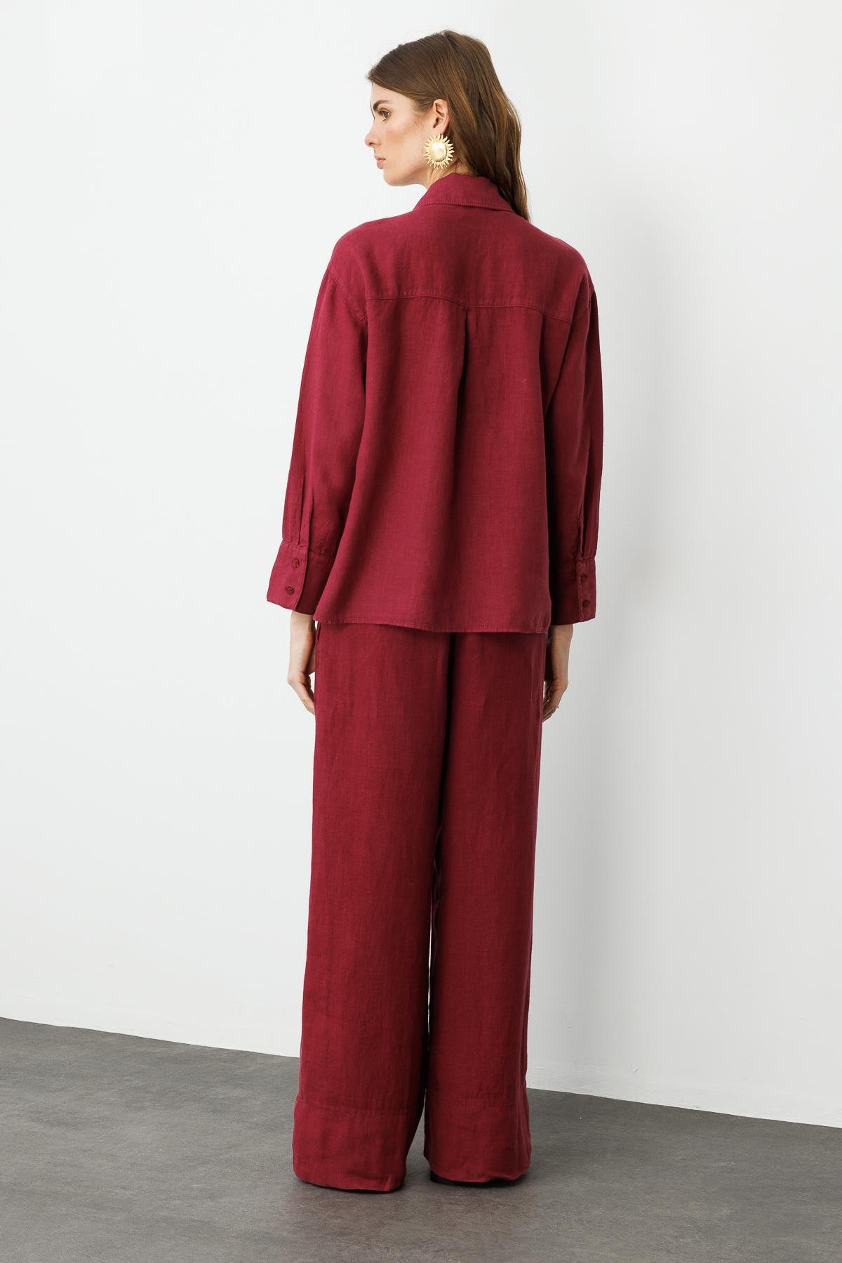 Vişne Önden Düğmeli %100 Keten Gömlek